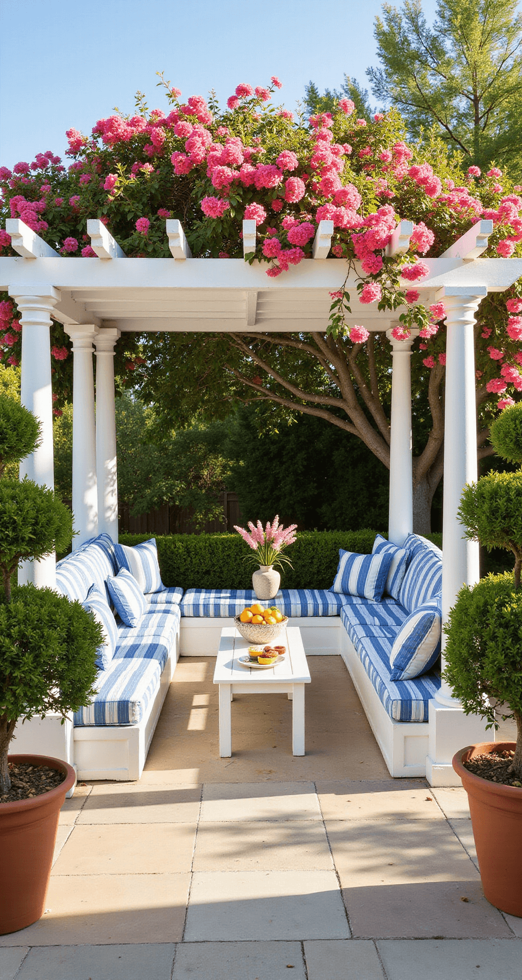 A sun-drenched Mediterranean villa pergola featuring a whitewashed wooden structure adorned with vibrant bougainvillea, stone tile flooring with built-in benches, blue and white striped cushions, and terracotta pots with citrus trees.