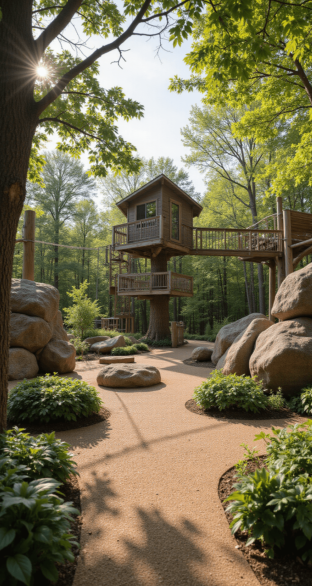 A vibrant children's adventure zone bathed in morning light, showcasing a 30'x40' play area with climbing boulders, rope bridges, and a custom treehouse. Safety surfacing in earth tones complements the natural landscape, with a living tunnel made from willow branches and secret garden nooks featuring sensory plants and butterfly attractions, all captured from a low angle to highlight a child's perspective.
