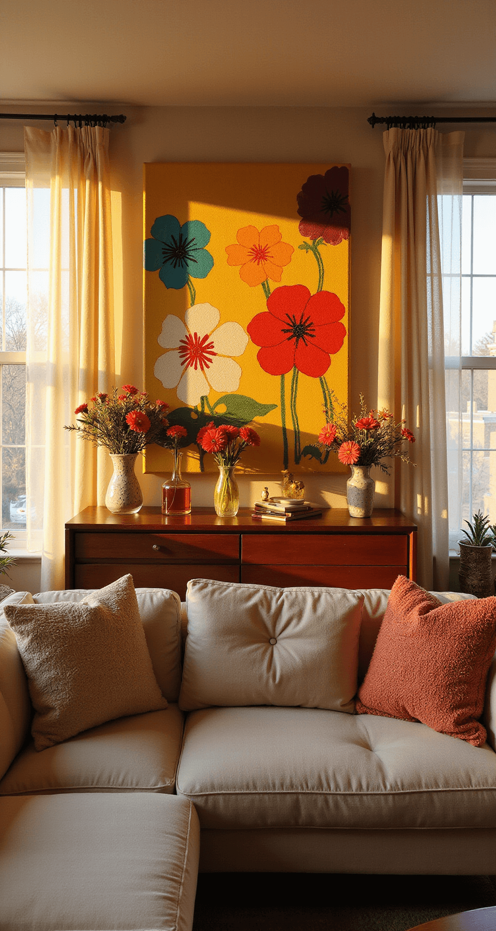 A cozy living room bathed in golden hour light, featuring a large abstract canvas artwork with bold pipe cleaner flower motifs, a mid-century modern sideboard displaying eclectic vases of handmade pipe cleaner flowers, and a cream-colored sofa adorned with colorful textured throw pillows.