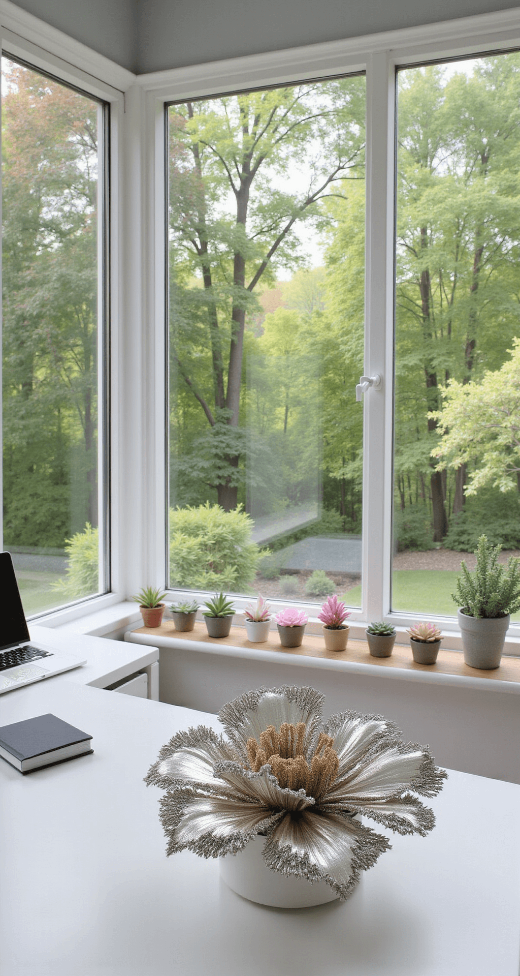 Bright home office with floor-to-ceiling windows overlooking a lush garden, featuring a sleek white desk with a laptop, notebook, and a large metallic pipe cleaner flower sculpture, complemented by pastel pipe cleaner arrangements and potted succulents on a floating shelf.