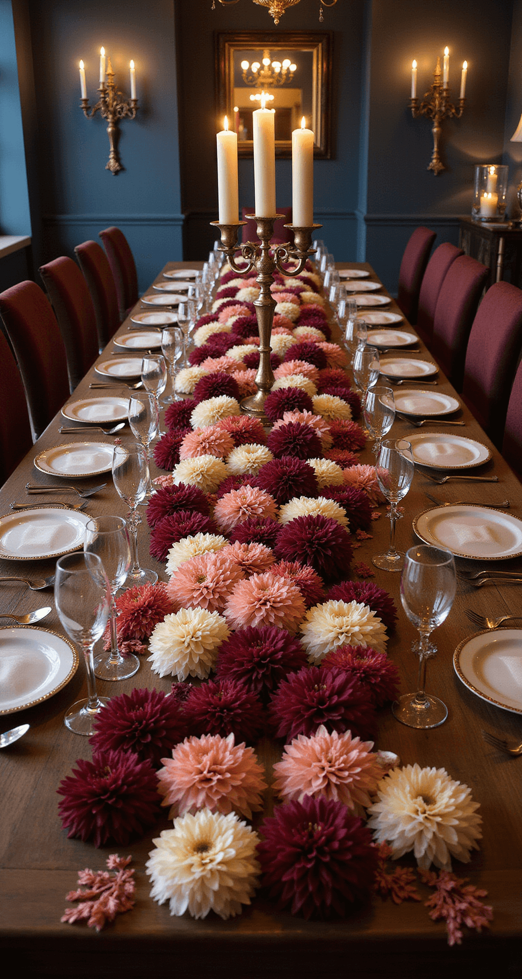 An elegant dining room with a wooden table set for a special occasion, featuring a table runner of pipe cleaner flowers in burgundy, blush, and cream. Tall candelabras cast warm candlelight, with deep navy walls and crystal glasses enhancing the atmosphere. An overhead view captures the floral runner's full expanse and the reflective mirror.