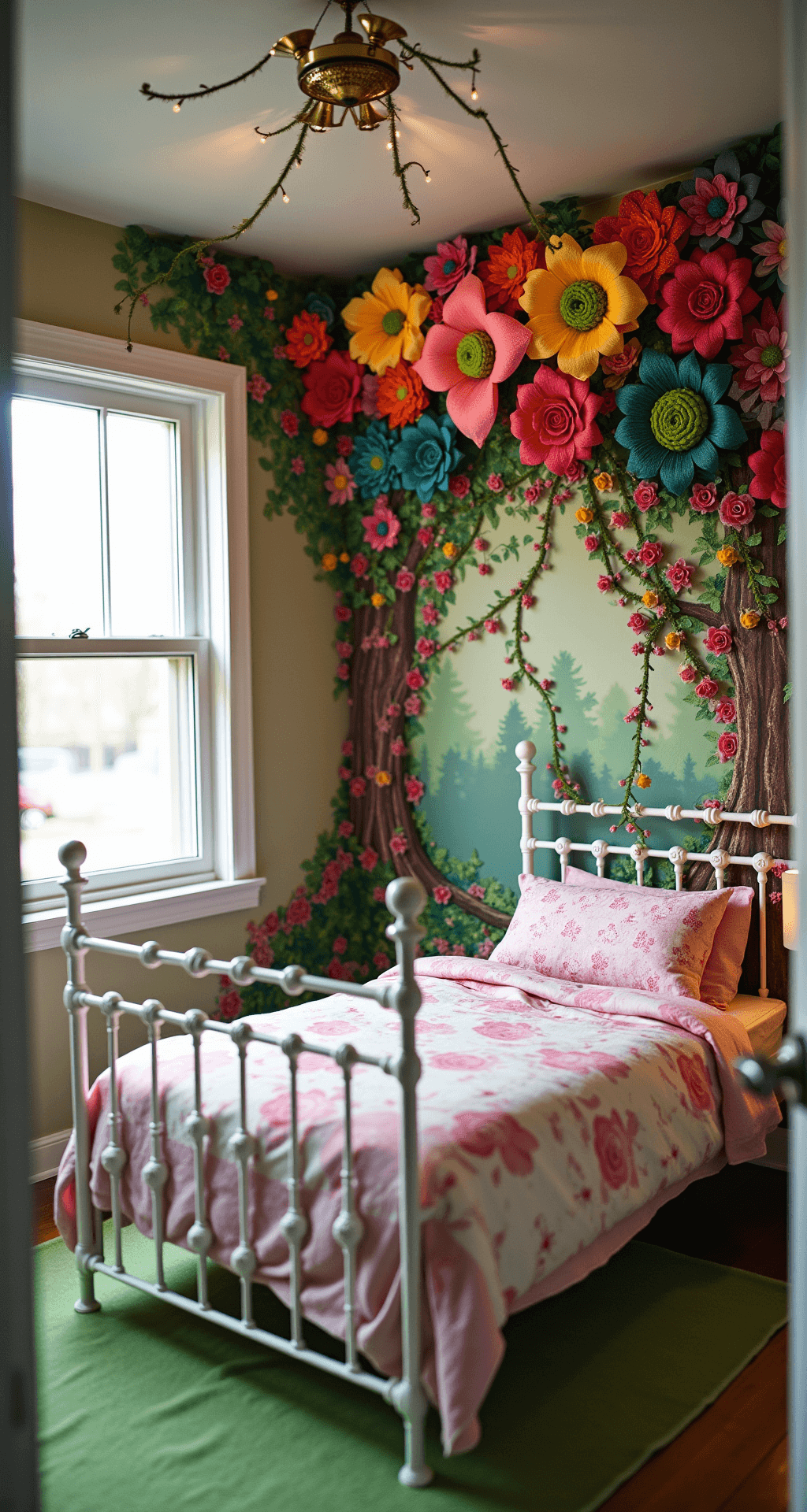 A whimsical children's bedroom themed as a fantasy garden, featuring a floor-to-ceiling mural of a magical forest, oversized 3D pipe cleaner flowers in vibrant colors on one wall, a small white iron bed with floral print linens and a canopy of delicate vines and flowers, soft pastel walls, and a plush green rug, captured in a wide-angle shot from the doorway with soft, diffused daylight and warm accent lighting.