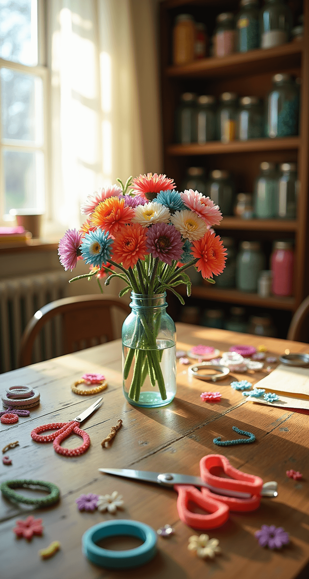 Interior of a cozy craft room bathed in warm afternoon light, featuring a wooden worktable cluttered with colorful crafting supplies, including pipe cleaners and scissors. A vintage milk bottle holds a vibrant bouquet of pipe cleaner flowers, while shelves in the background are filled with mason jars of materials, creating a whimsical, creative atmosphere.