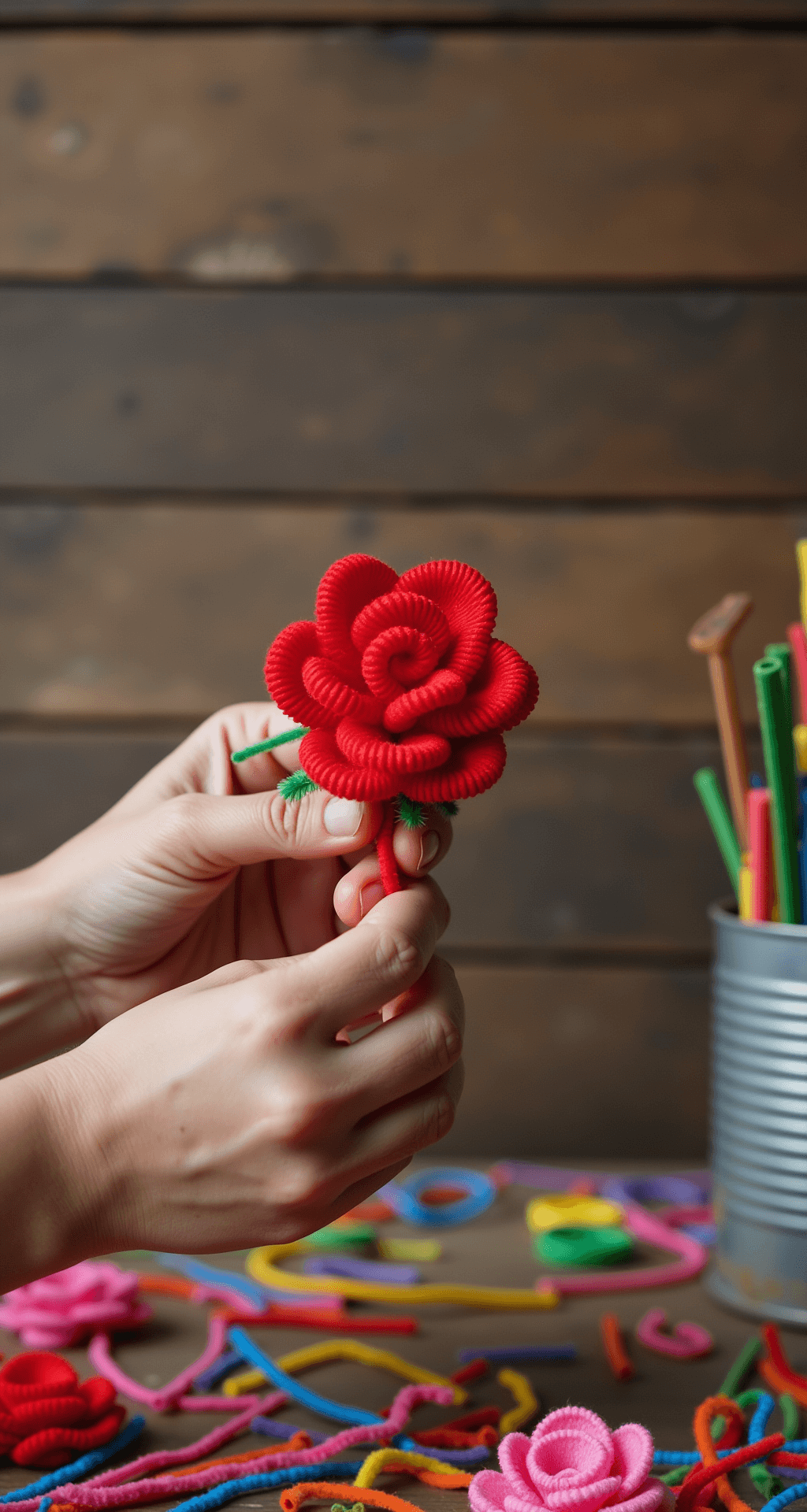 Close-up of hands skillfully twisting a red pipe cleaner into a rose against a rustic wooden backdrop, with soft natural light highlighting the scene. A vibrant array of pipe cleaners fills the frame, while a vintage tin can sits to the right, enhancing the craft atmosphere.