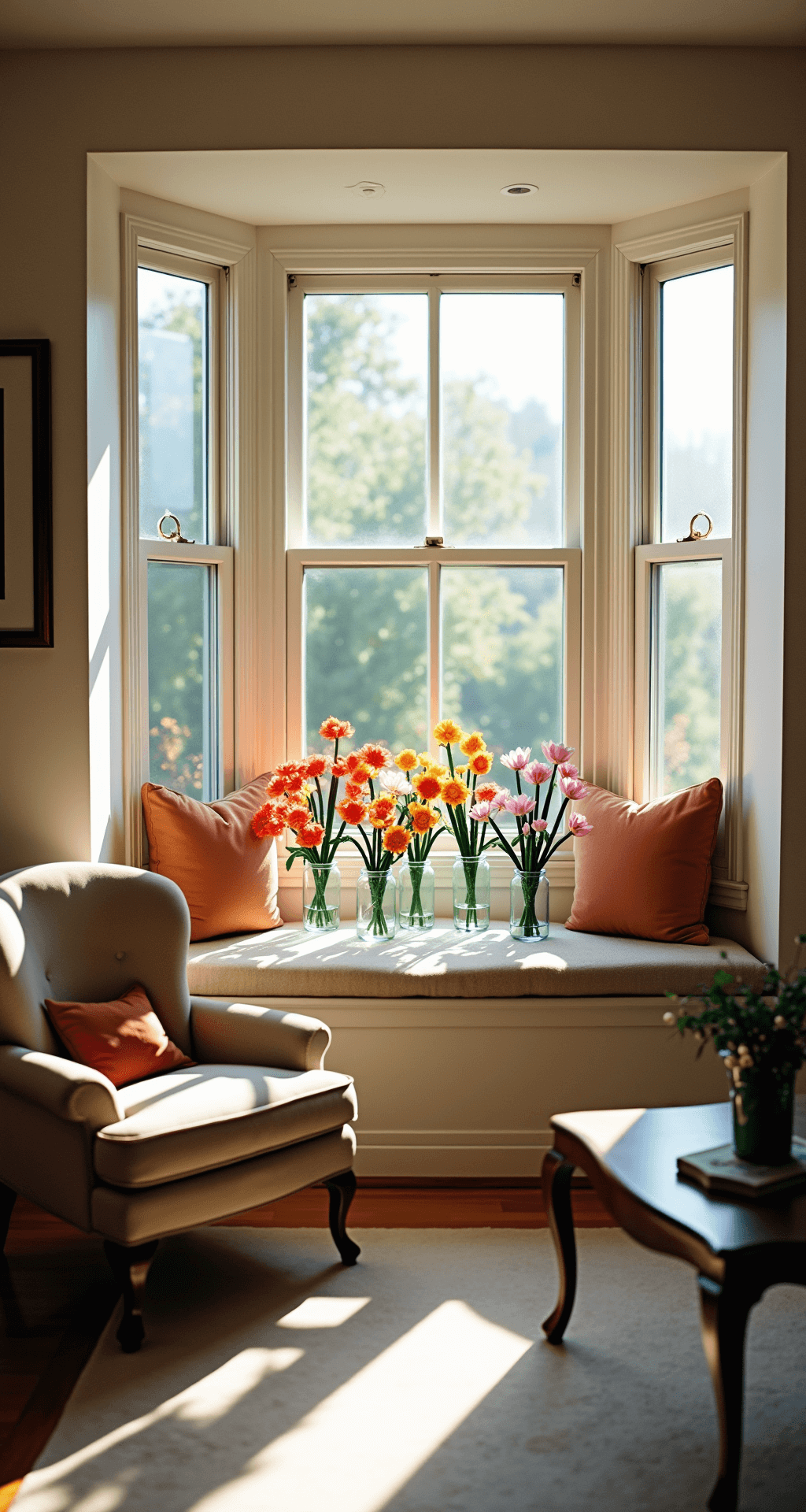 Wide-angle shot of a light-filled living room with early morning sunlight casting long shadows. A large bay window with a comfortable window seat adorned with cushions frames a display of colorful handmade pipe cleaner flower bouquets. The room features a mix of vintage and modern furniture, including a plush armchair and a sleek coffee table, with a neutral color palette accented by vibrant flowers.