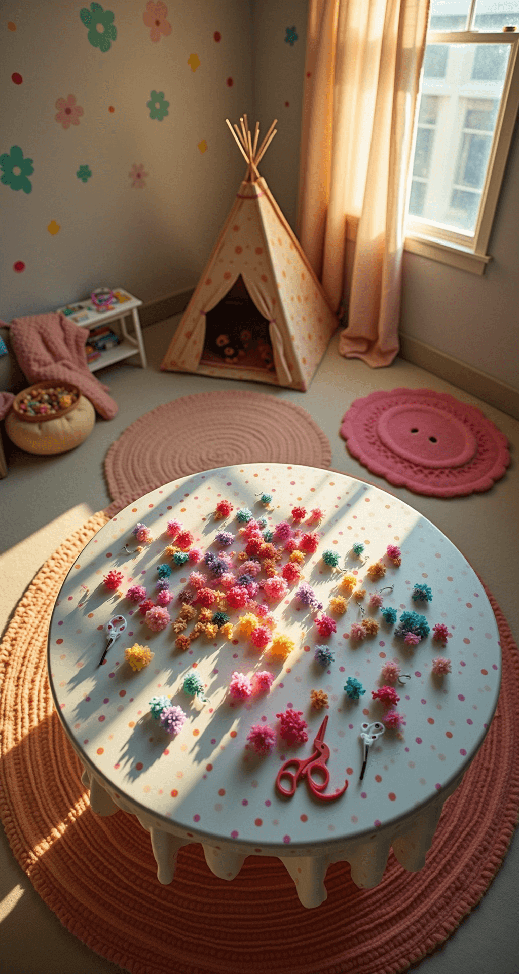 Overhead view of a child's bedroom during golden hour, featuring a central round table covered in colorful craft supplies, half-finished pipe cleaner flowers, a polka dot tablecloth, pastel walls with whimsical decals, a cozy reading nook with a teepee tent, and playful decor amidst soft, plush rugs.