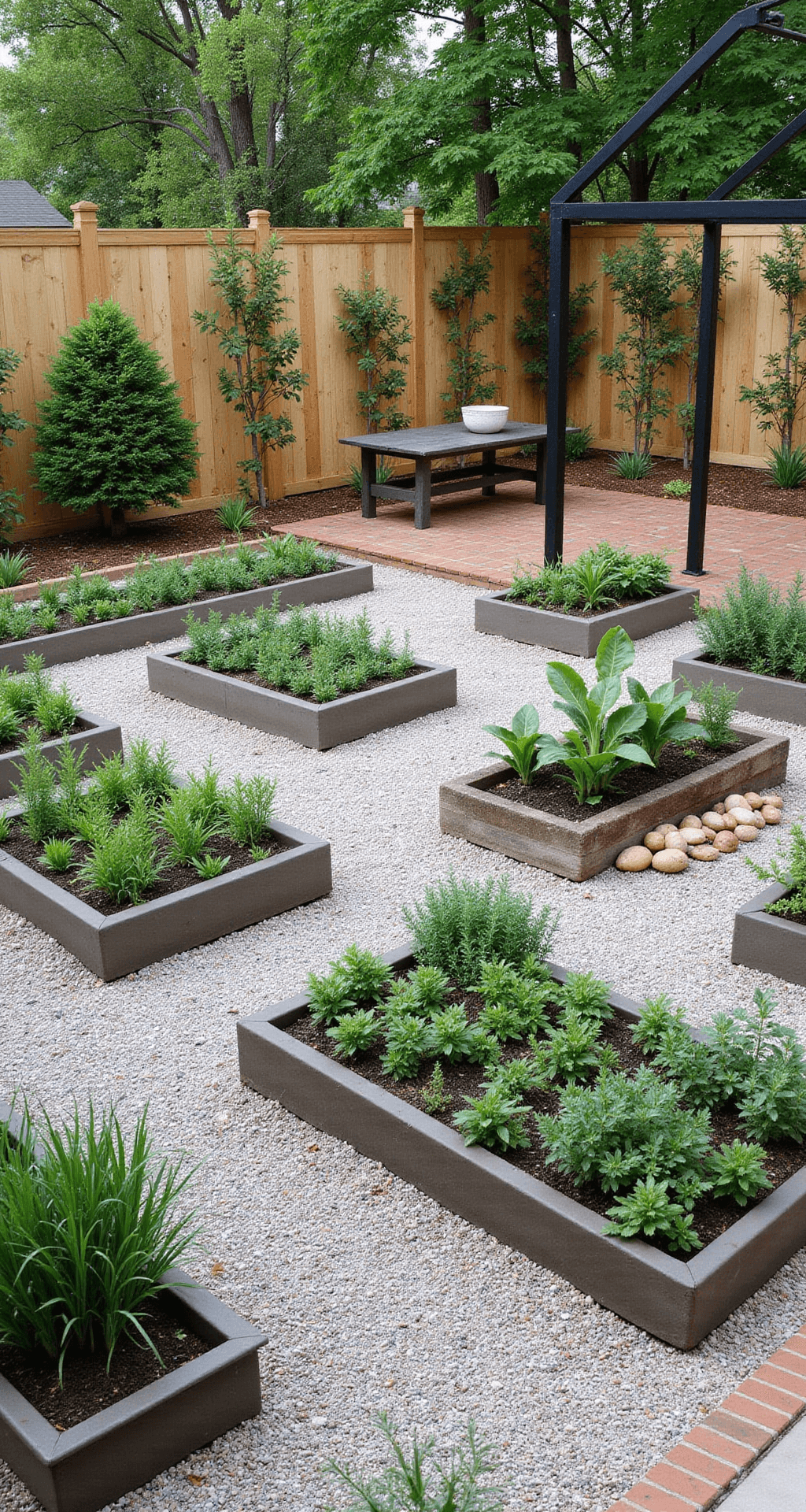 Overhead view of a formal kitchen garden featuring raised Cor-Ten steel beds arranged in geometric patterns filled with herbs and vegetables, surrounded by crushed granite pathways with vintage brick borders, espaliered fruit trees along a custom cedar fence, a black metal-framed greenhouse as a focal point, and an antique zinc potting station.