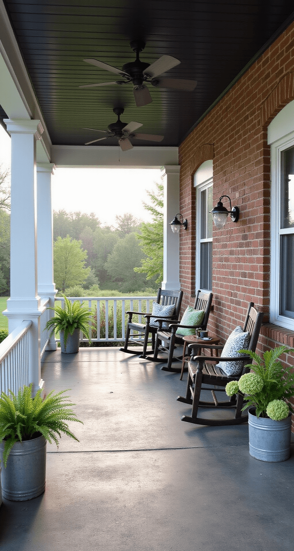 Modern farmhouse covered porch featuring a 24x12ft black metal roof and white-painted brick columns, adorned with mixed vintage rocking chairs and modern furniture, galvanized metal planters with ferns and hydrangeas, vintage-style ceiling fans, captured in classic black and white with organic green elements in morning mist at f/6.3.