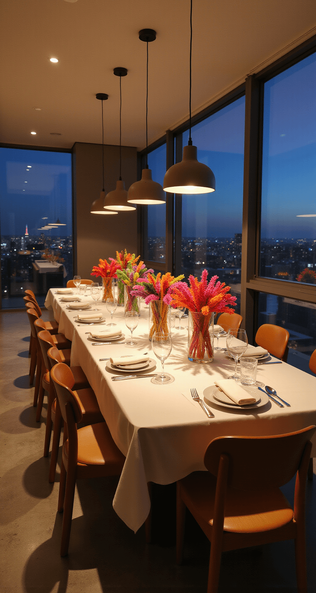 A modern, minimalist dining room in the evening, featuring a long table set with white linens and modern place settings, adorned with clear vases holding colorful pipe cleaner flowers. Warm ambient lighting from pendant lamps illuminates polished concrete floors, while floor-to-ceiling windows reveal city lights in the background. The camera angle captures the entire table length and unique centerpieces.