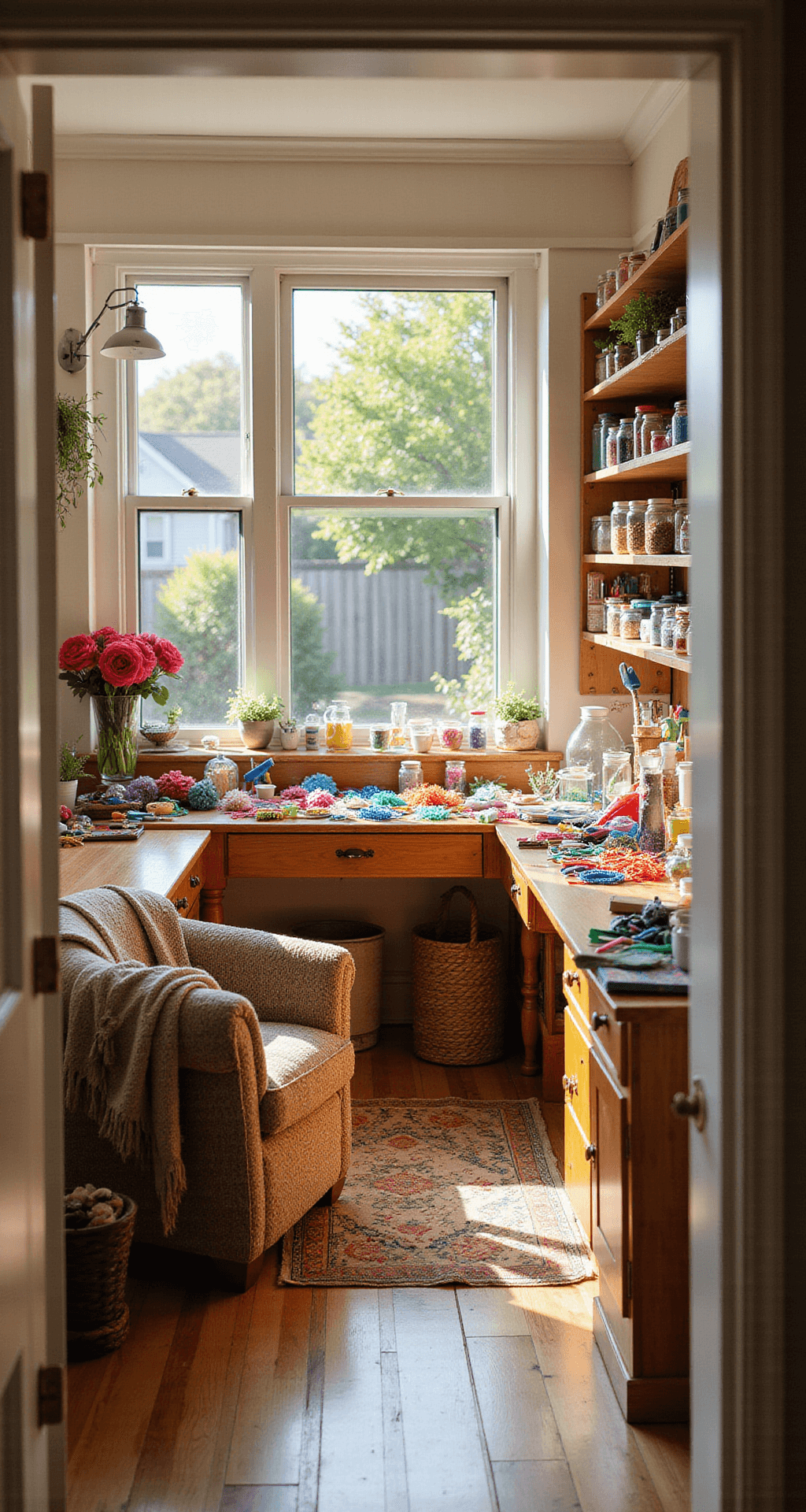 Cozy craft room filled with warm afternoon light, featuring a wooden workbench covered in colorful crafting supplies, shelves lined with jars, a comfortable armchair with a knitted throw, and a vase of pipe cleaner roses, all captured from a wide shot at the doorway.