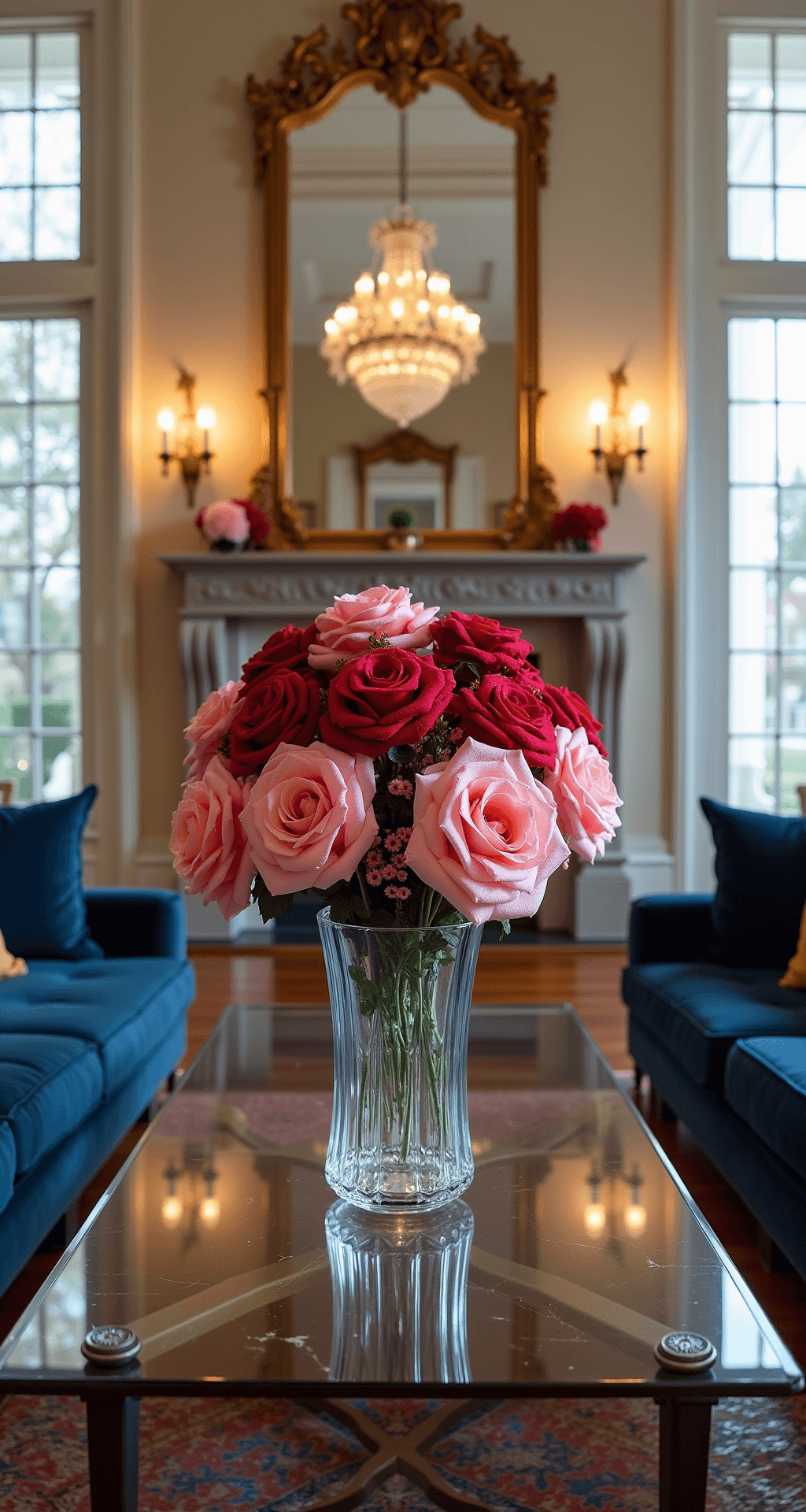 Elegant living room with a stunning pipe cleaner rose centerpiece in a crystal vase, surrounded by navy blue velvet sofas, an ornate fireplace, and large windows, captured in a low angle shot.