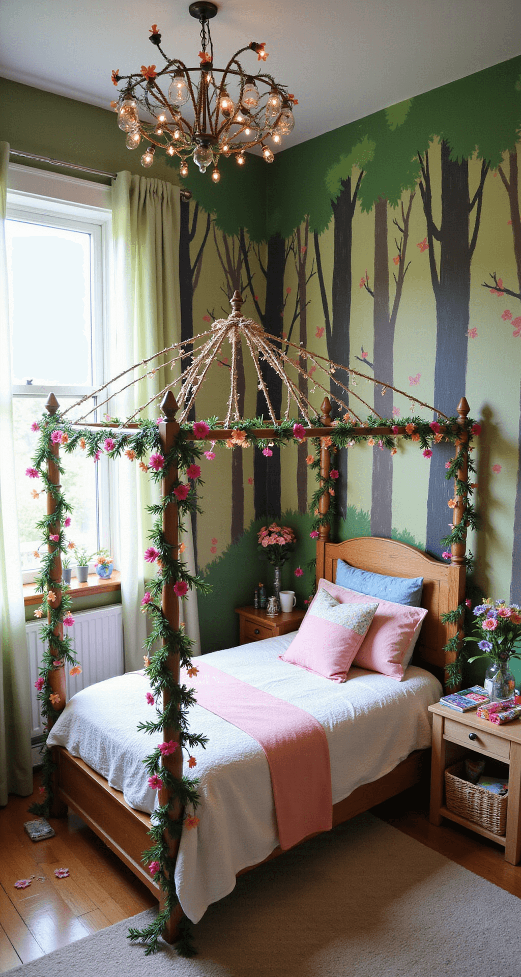 A whimsical children's bedroom transformed into a fairy garden, featuring a canopy bed with fairy lights and pipe cleaner vines, colorful pipe cleaner flowers scattered throughout, a crafting area, and a forest mural, all in soft pastel greens and pinks with vibrant accents, viewed from a bird's eye perspective.