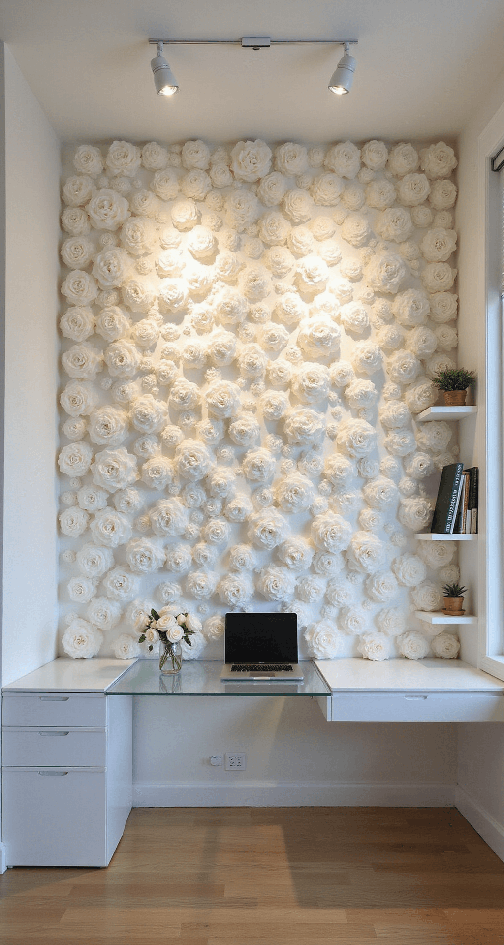 A modern home office featuring a wall installation of monochromatic pipe cleaner roses, sleek white furniture, a glass desk with a laptop and vase, and floating shelves with books and plants, all illuminated by track lighting.