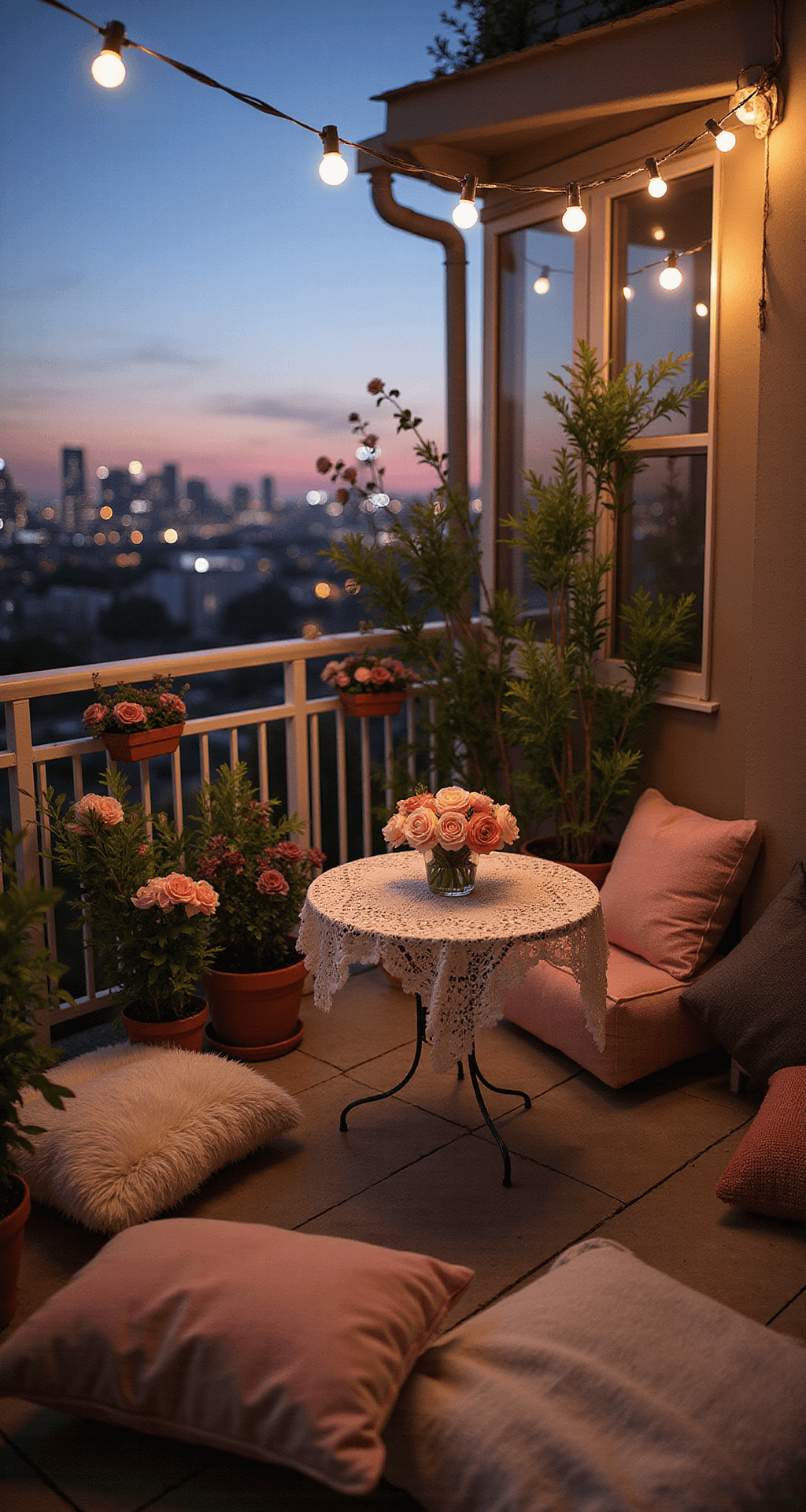 A cozy balcony setup for a romantic date night, featuring a small bistro table for two with a lace tablecloth and handmade pipe cleaner roses, surrounded by plush floor cushions, fairy lights overhead, potted plants, and a twinkling city skyline at dusk.