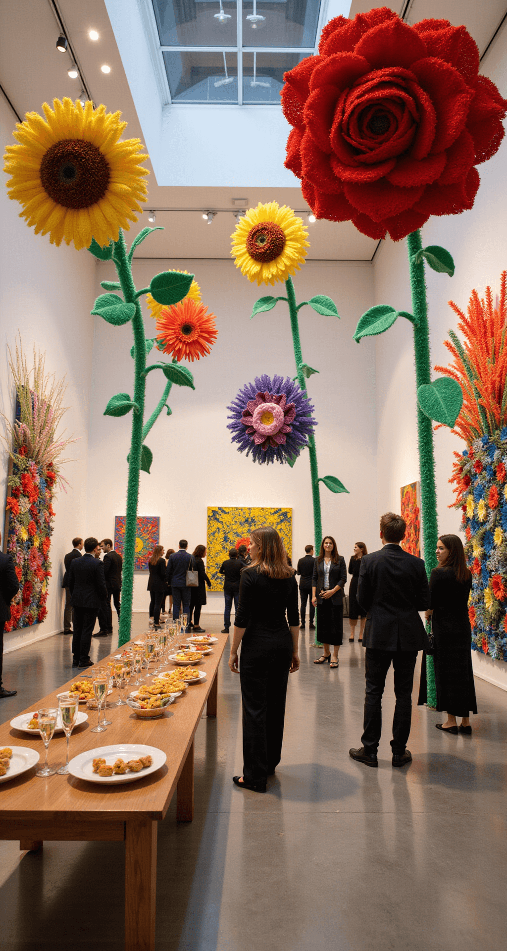 A wide-angle view of a vibrant art gallery filled with oversized pipe cleaner floral sculptures, featuring massive roses and sunflowers, with gallery-goers in black attire mingling, and a table with champagne and hors d'oeuvres adorned with smaller arrangements.