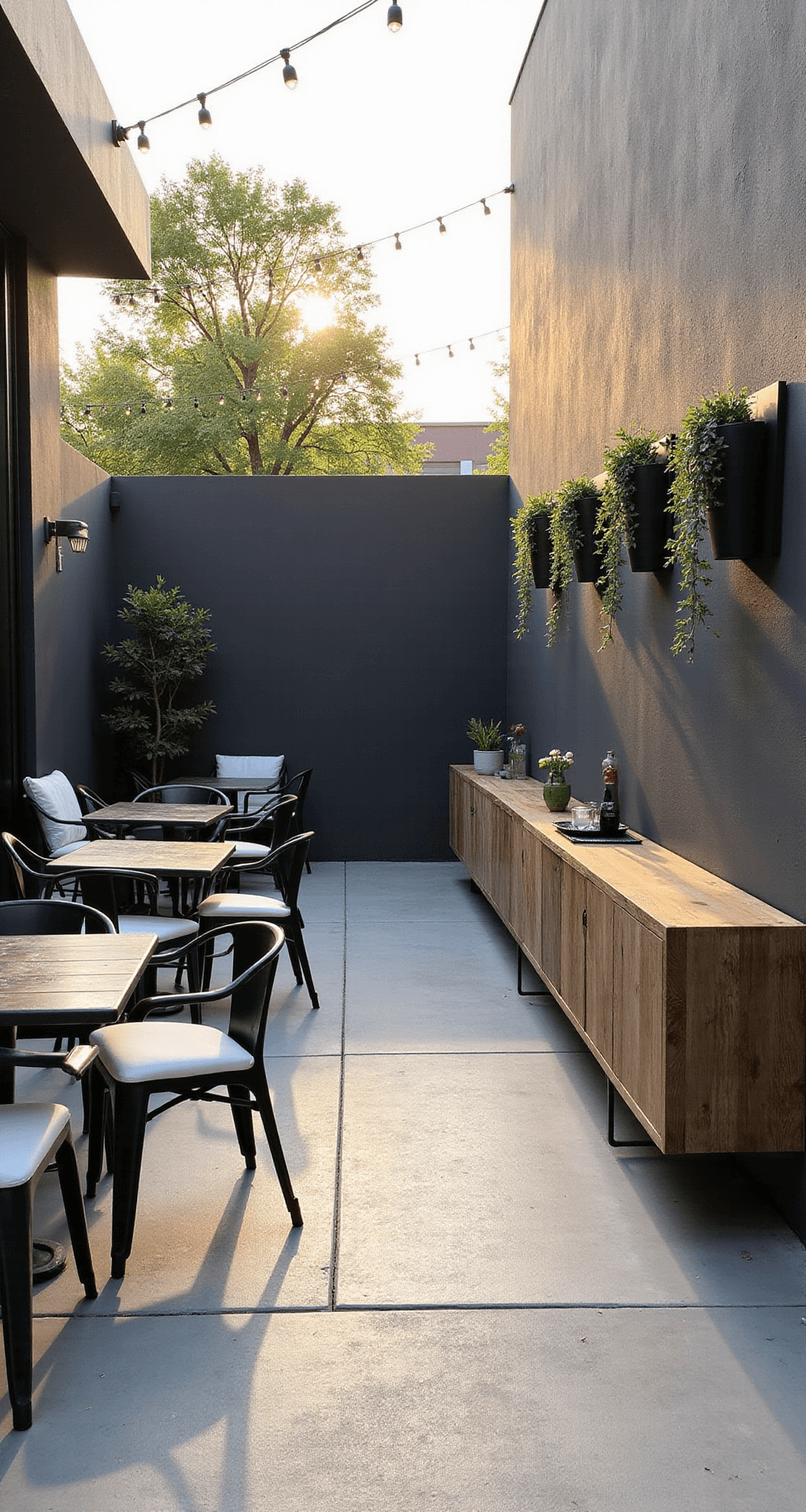 A modern minimalist urban patio featuring a sleek black metal bistro set with white cushions, light grey concrete flooring, geometric wall planters with silver falls dichondra, string lights overhead, and a weathered teak console, captured at golden hour with long shadows and warm natural lighting.