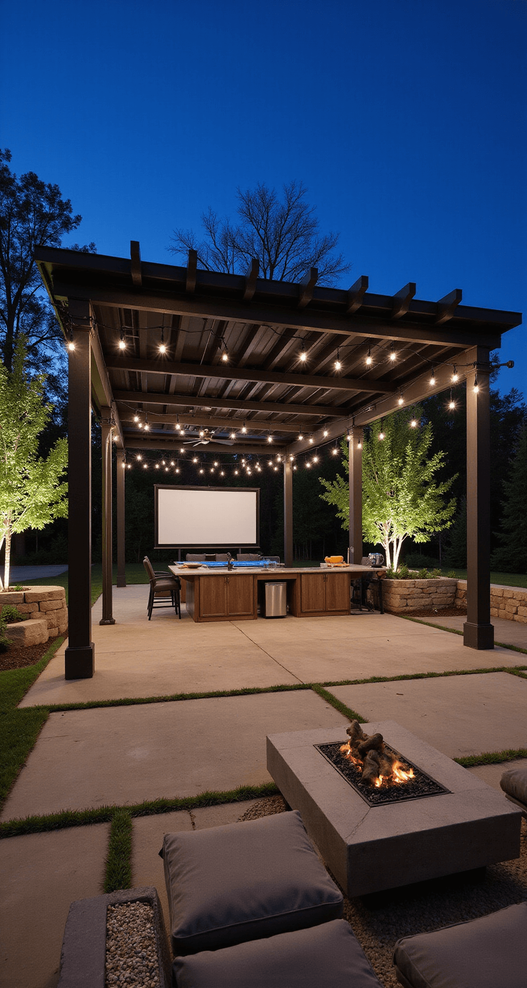 Evening scene of a 45'x50' outdoor entertainment plaza featuring a covered pavilion with retractable screens, an outdoor theater setup, industrial string lights, a modern fire table with LED features, a kitchen island with quartz countertop, and modular lounge seating, illuminated by dramatic uplighting on surrounding trees.