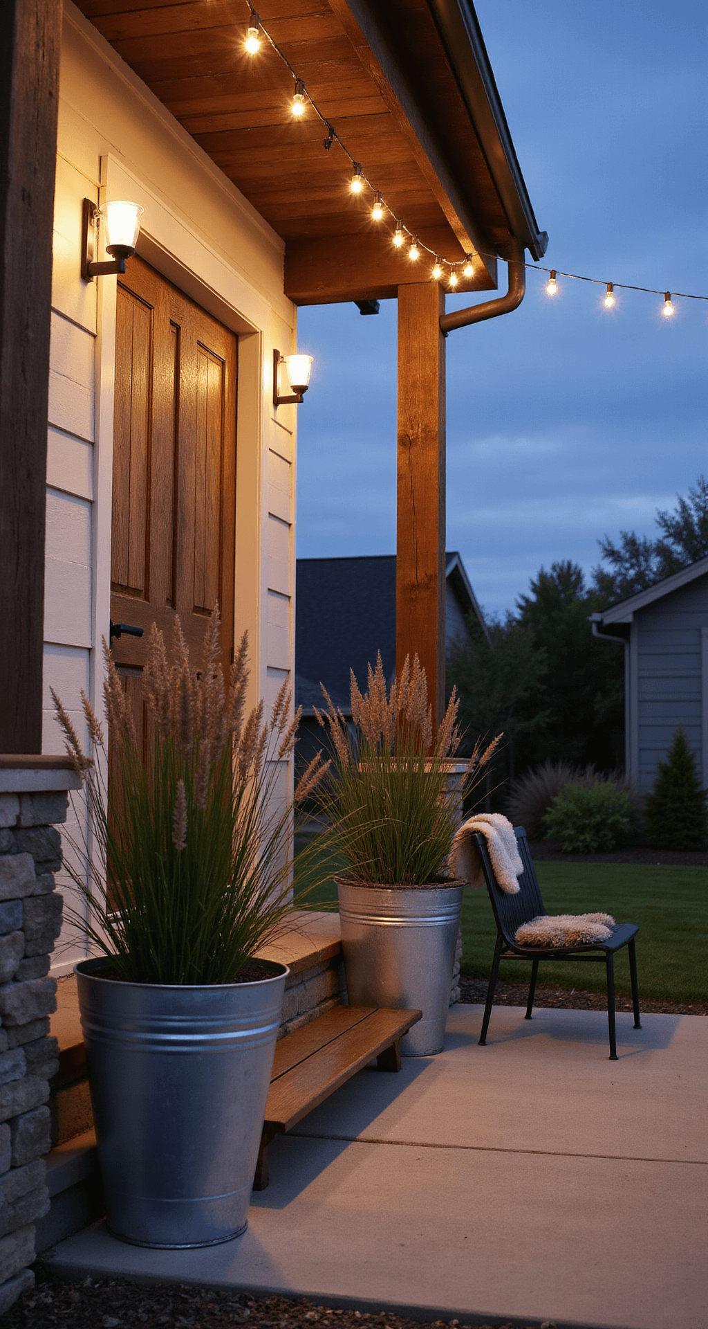 A cozy contemporary farmhouse entryway at dusk, featuring tall galvanized metal planters with ornamental grasses, a reclaimed barn wood door, string lights, a modern black bench with a sheepskin throw, and a low camera angle capturing dramatic shadows and warm lighting.