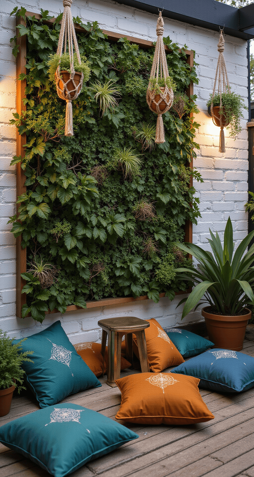 Eye-level view of a 6x8ft patio at dusk featuring a whitewashed brick wall as a backdrop for a lush living wall filled with ferns, pothos, and air plants. Jewel-toned Moroccan-style floor cushions surround a brass folding side table, while macramé plant hangers drape from the ceiling. Warm LED uplighting highlights the greenery, emphasizing texture and organic elements.