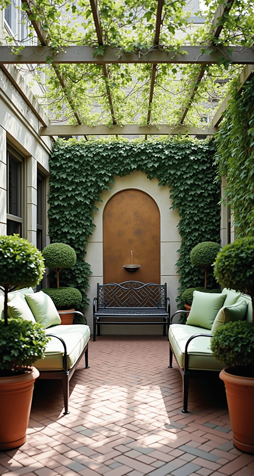 Low-angle view of an enclosed patio featuring classic wrought iron furniture with sage green cushions, framed by symmetrical boxwood topiaries in terra cotta pots, a vintage-style metal bench, and a wall fountain in weathered copper, all set on herringbone brick flooring with Boston ivy climbing limestone walls under dappled light from a pergola.