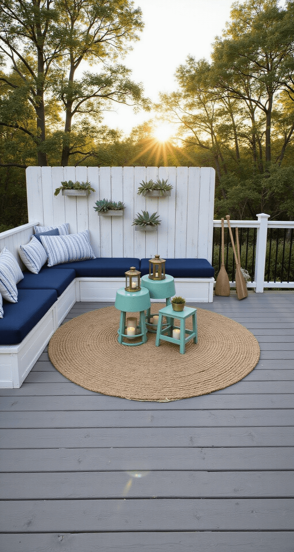 Wide-angle view of a coastal hideaway patio at sunset, featuring a weathered grey deck, an L-shaped built-in bench with navy and white striped cushions, a white-washed cedar privacy screen with mounted succulents, a jute rug, seafoam green ceramic garden stools, brass lanterns with flameless candles, and vintage maritime props, all softly blurred with bokeh lighting effects.