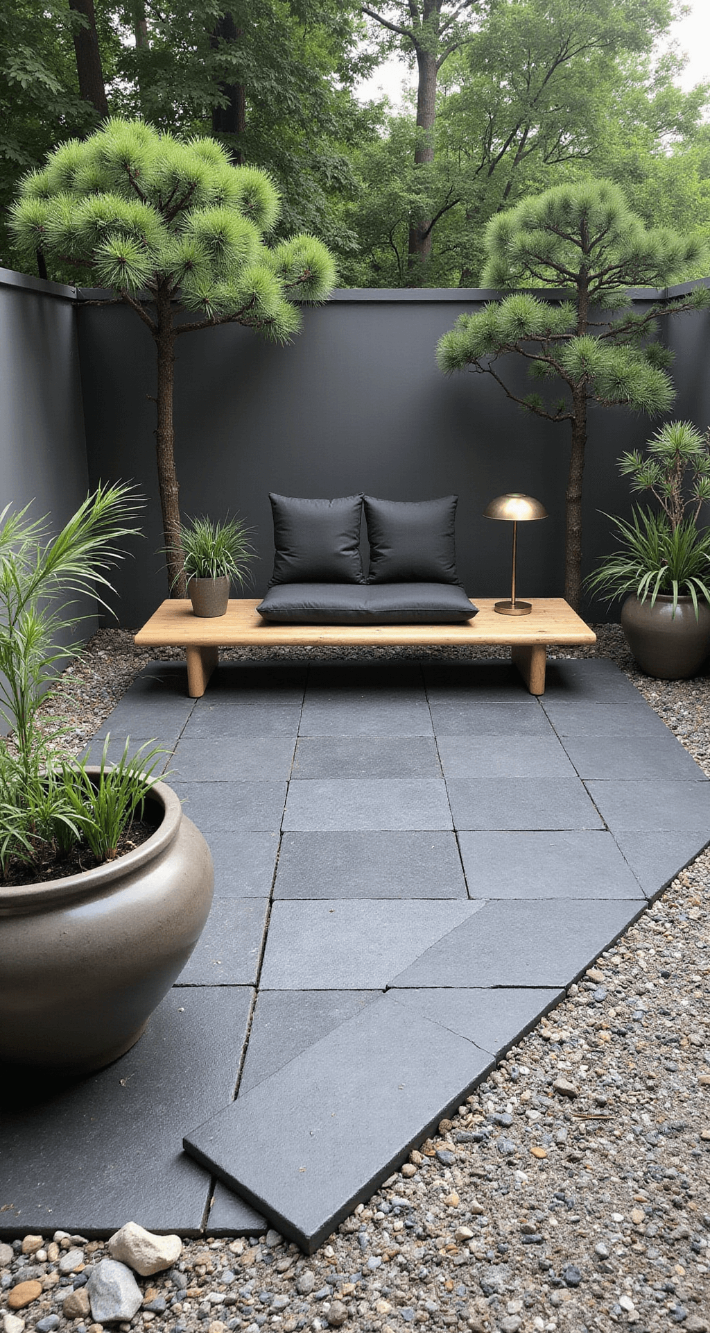 Bird's eye view of a minimalist Japanese-style zen garden corner featuring a 6x6ft patio with charcoal grey granite pavers, a low bamboo bench with charcoal cushions, a small brass side table, large ceramic planters with cloud-pruned juniper and forest grass, and a raked gravel border with river rocks under high noon lighting.