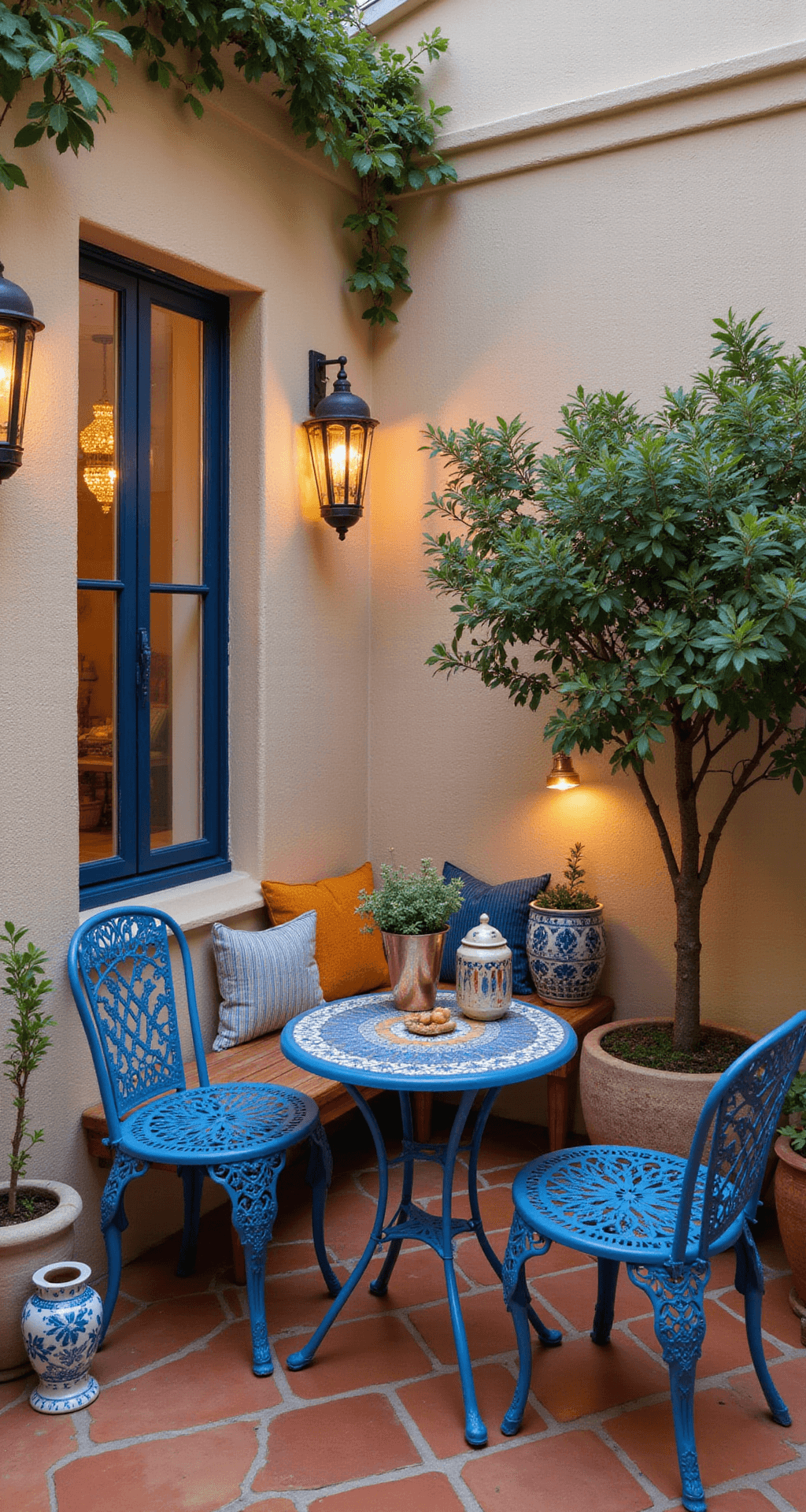 A cozy Mediterranean terrace at blue hour featuring terracotta tile flooring, warm cream stucco walls, a Santorini blue bistro set, mosaic side table, citrus trees in ceramic planters, copper lanterns casting patterned light, and layered textiles in blues, oranges, and creams.