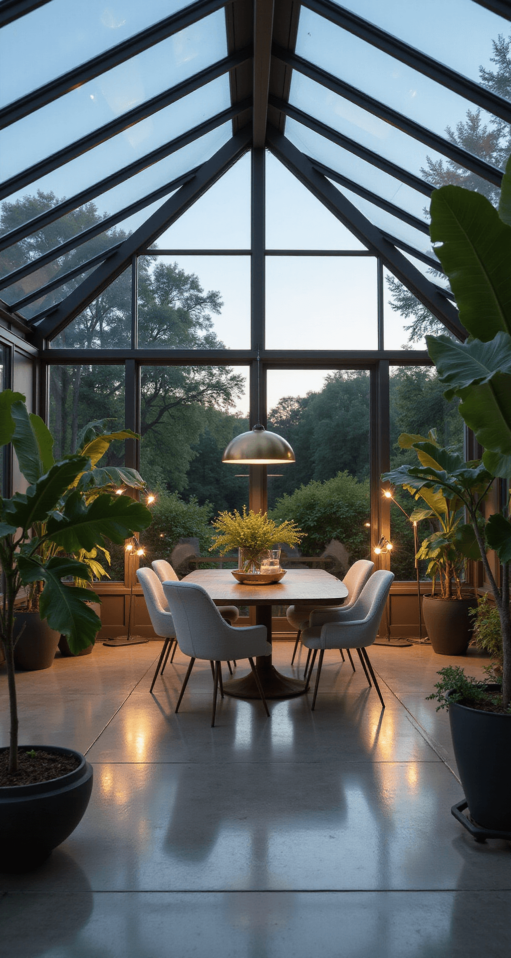 A contemporary greenhouse-style sunroom featuring a 20x20ft pitched glass ceiling at dusk, with polished concrete floors reflecting light from modern brass floor lamps. The space includes a mid-century modern tulip table surrounded by bouclé upholstered dining chairs, framed by dramatic fiddle leaf figs. The design emphasizes a monochromatic grey scheme with brass and ivory accents, highlighting geometric shapes and clean lines under warm LED lighting.