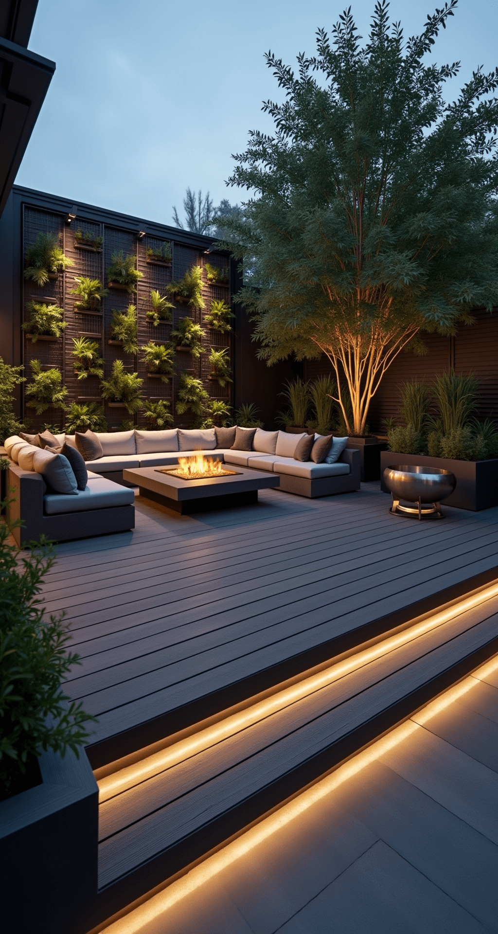 Dynamic angle shot of an industrial modern patio at twilight, featuring deep charcoal composite decking, modular steel furniture, a vertical garden wall with geometric metal grid and air plants, LED strip lighting, and a minimalist brushed steel fire bowl, emphasizing a strong urban aesthetic.