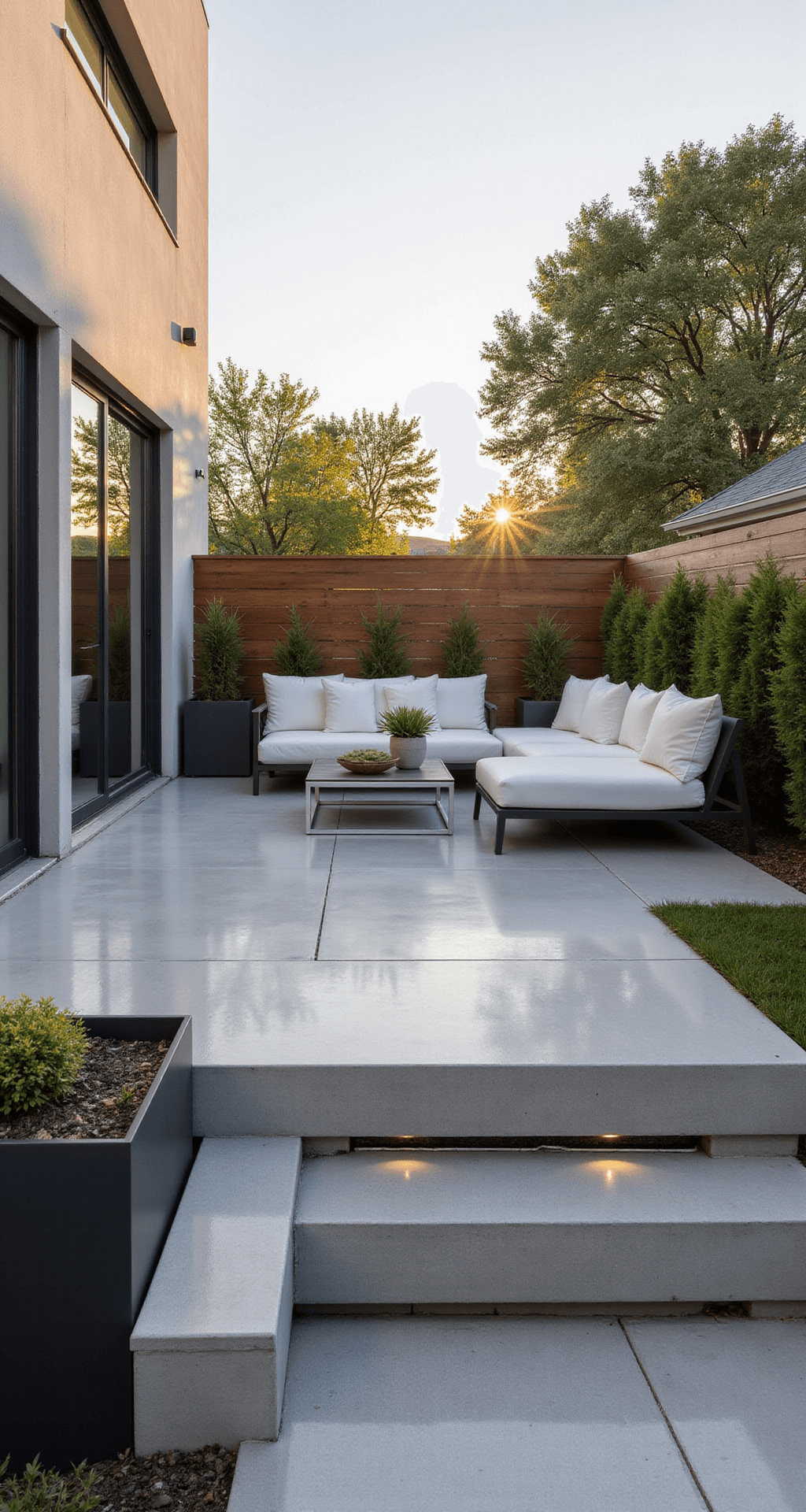 A modern minimalist patio featuring polished concrete flooring, a charcoal aluminum sectional with white cushions, glass sliding doors, matte black planters with succulents, a chrome and glass coffee table, and embedded LED lighting, all captured at golden hour.