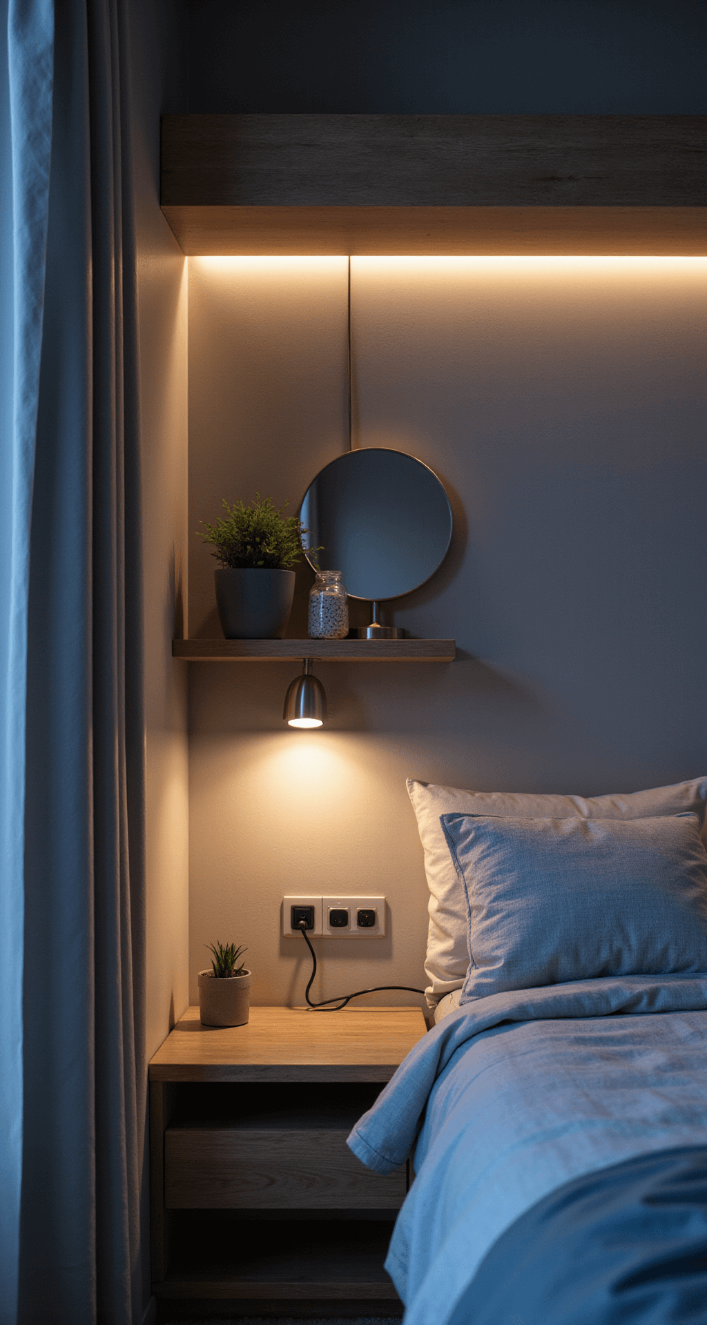 A cozy tech-integrated sleeping nook featuring built-in USB ports softly illuminating the area, warm LED strip lighting under floating shelves, grey linen bedding with dusty blue accents, brushed nickel reading lights, and a collection of small mirrors enhancing the illusion of space, captured at blue hour with a dreamy, intimate atmosphere.