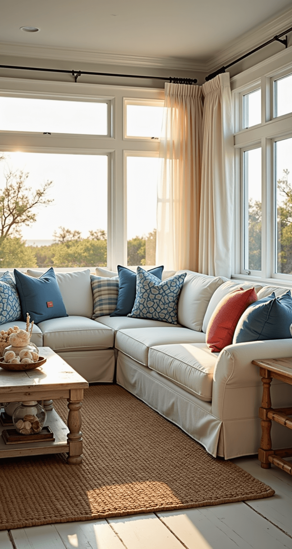 A serene coastal living room bathed in golden hour light, featuring a plush ivory L-shaped sofa, rattan accent chairs, and a driftwood coffee table, all on whitewashed wooden floors with layered jute rugs. Seashell collections in glass vessels and sheer white curtains enhance the warm ambiance.