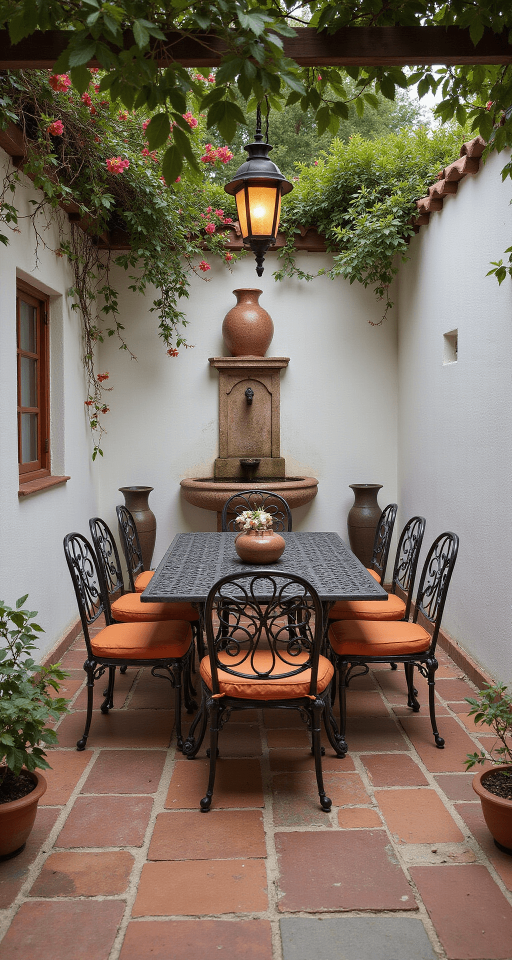Intimate Spanish Mediterranean courtyard with terracotta tiles and white stucco walls, adorned with bougainvillea, featuring a wrought-iron dining set and vintage lanterns, encapsulating warm earth tones and contrasting textures.