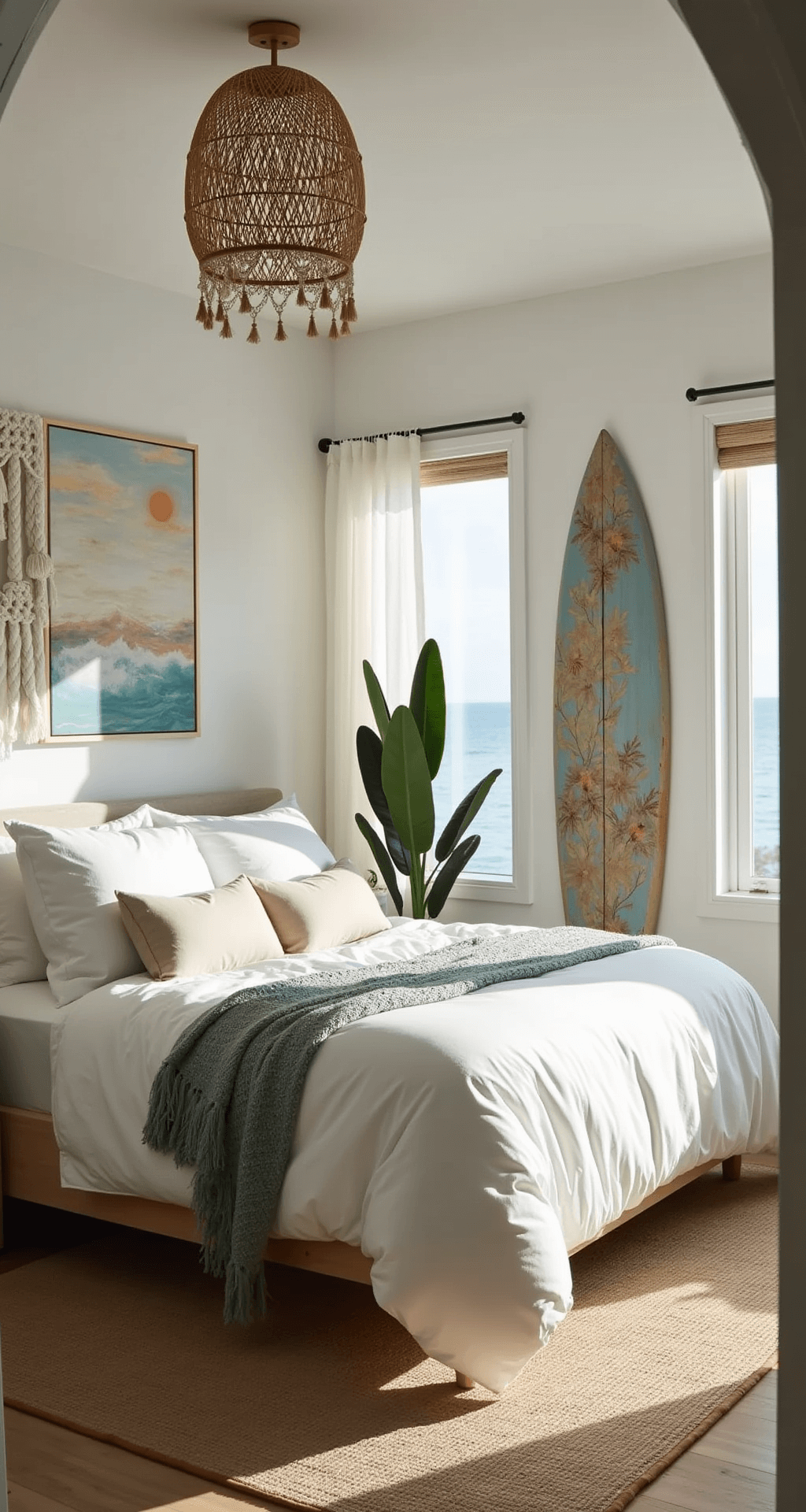 A serene master bedroom featuring a king bed with cloud-white linen bedding and textured throws in sand and seafoam, illuminated by morning light streaming through floor-to-ceiling windows. Vintage surfboard art and macramé wall hangings decorate the walls, while a rattan pendant light casts intricate shadows. Potted palms in the corners enhance the casual beachy luxury atmosphere, captured from a low camera angle at the doorway.