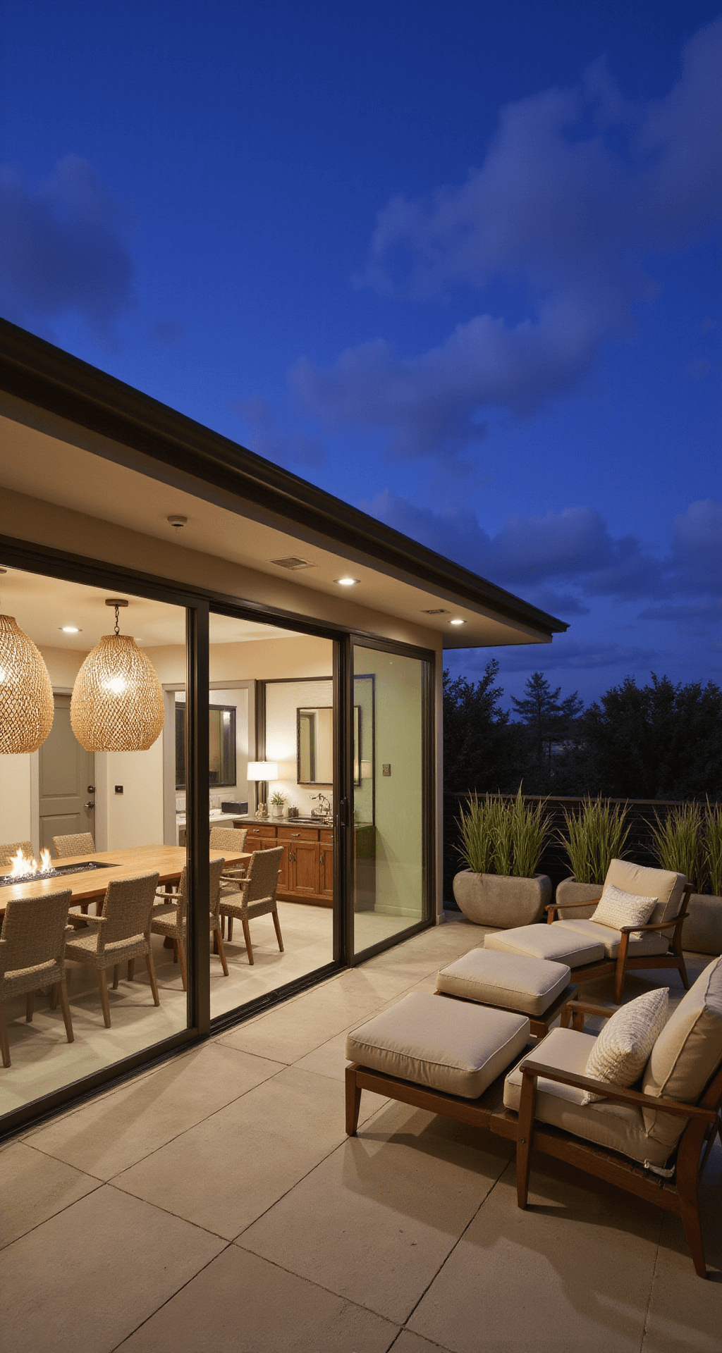 Twilight view of a transitional patio showcasing teak furniture and oversized woven pendants, with natural stone flooring extending from indoors to outdoors, surrounded by coastal grass plantings in concrete vessels and a low-profile fire pit with deep-seated lounge chairs.
