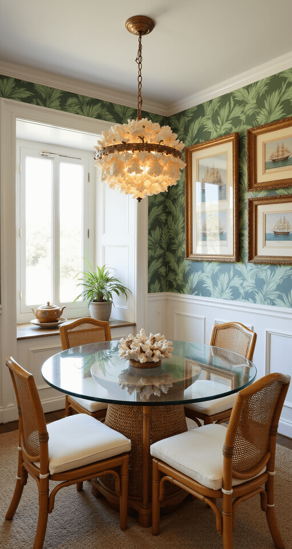 A cozy dining nook featuring a round glass table with a large coral and shell centerpiece, surrounded by four woven bamboo chairs with cream cushions. A chandelier made of cascading capiz shells hangs above, with tropical leaf wallpaper in sage and white and vintage ship paintings in gilded frames on the walls. The scene is illuminated by afternoon light and warm artificial lighting, shot from a 45° angle.