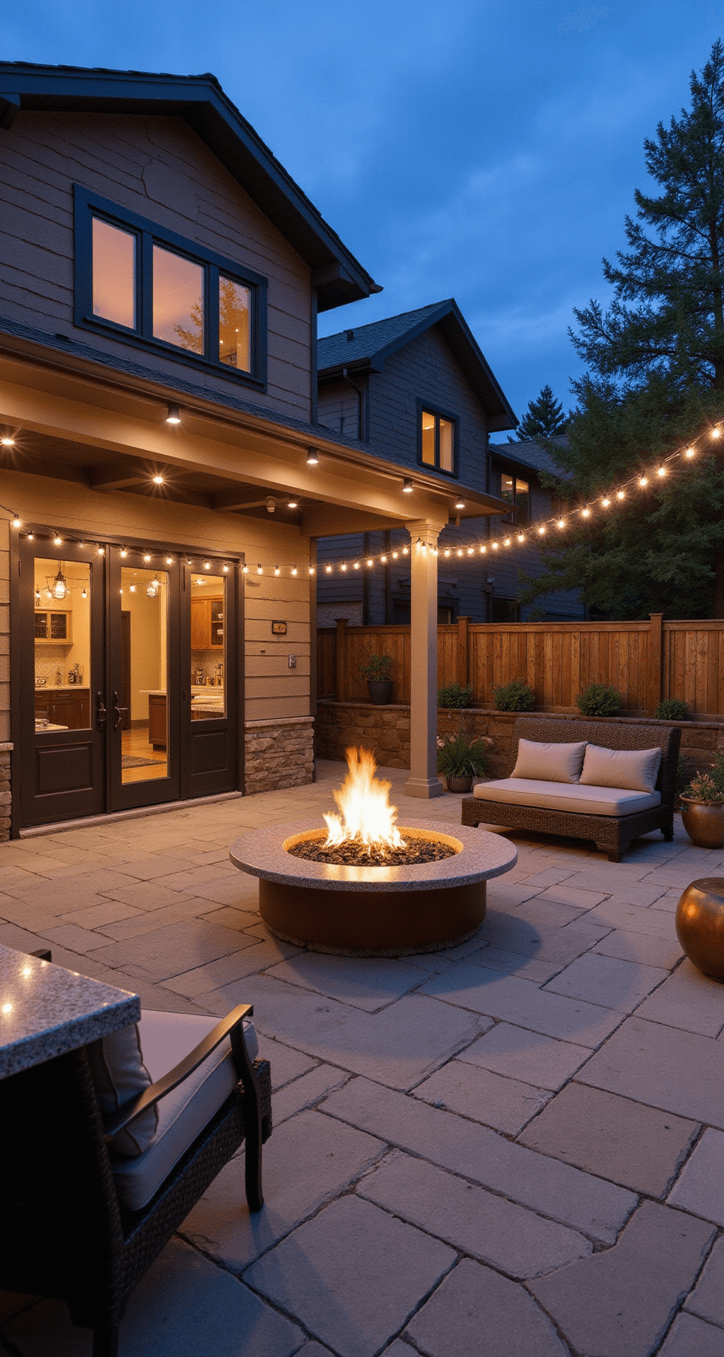 Dusk view of a 30x40ft multi-zone patio featuring a modern outdoor kitchen with honed granite counters, a central conversation pit with a circular sectional around a corten steel fire feature, string lights overhead, and integrated LED strip lighting, showcasing rich browns and warm grays with copper accents.