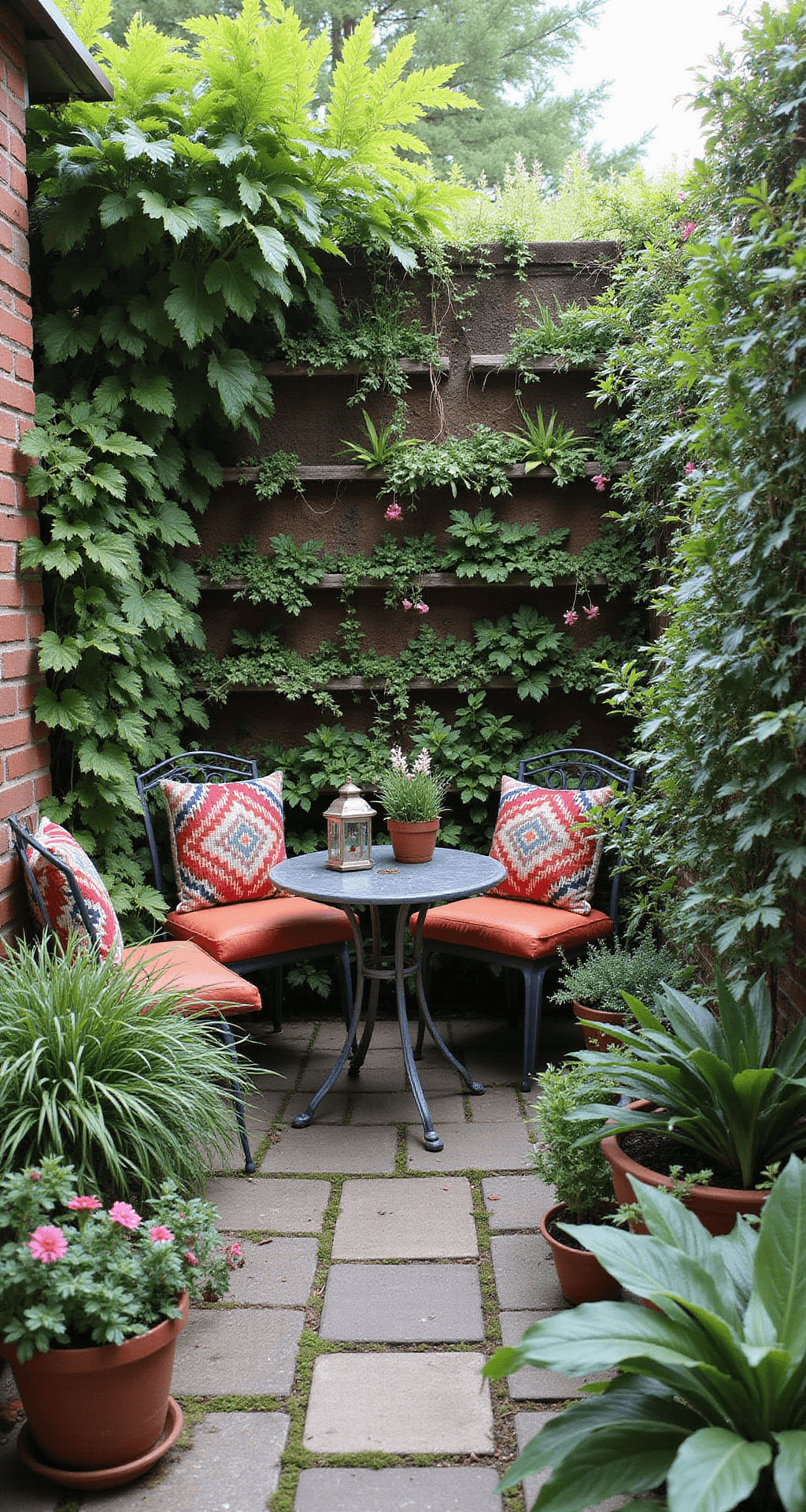 A cozy 12x18ft courtyard patio illuminated by morning light, featuring a vertical garden wall, a vintage iron bistro set surrounded by potted herbs and flowering perennials, Moroccan-inspired lanterns, and kilim pillows, all set on natural stone pavers with moss.