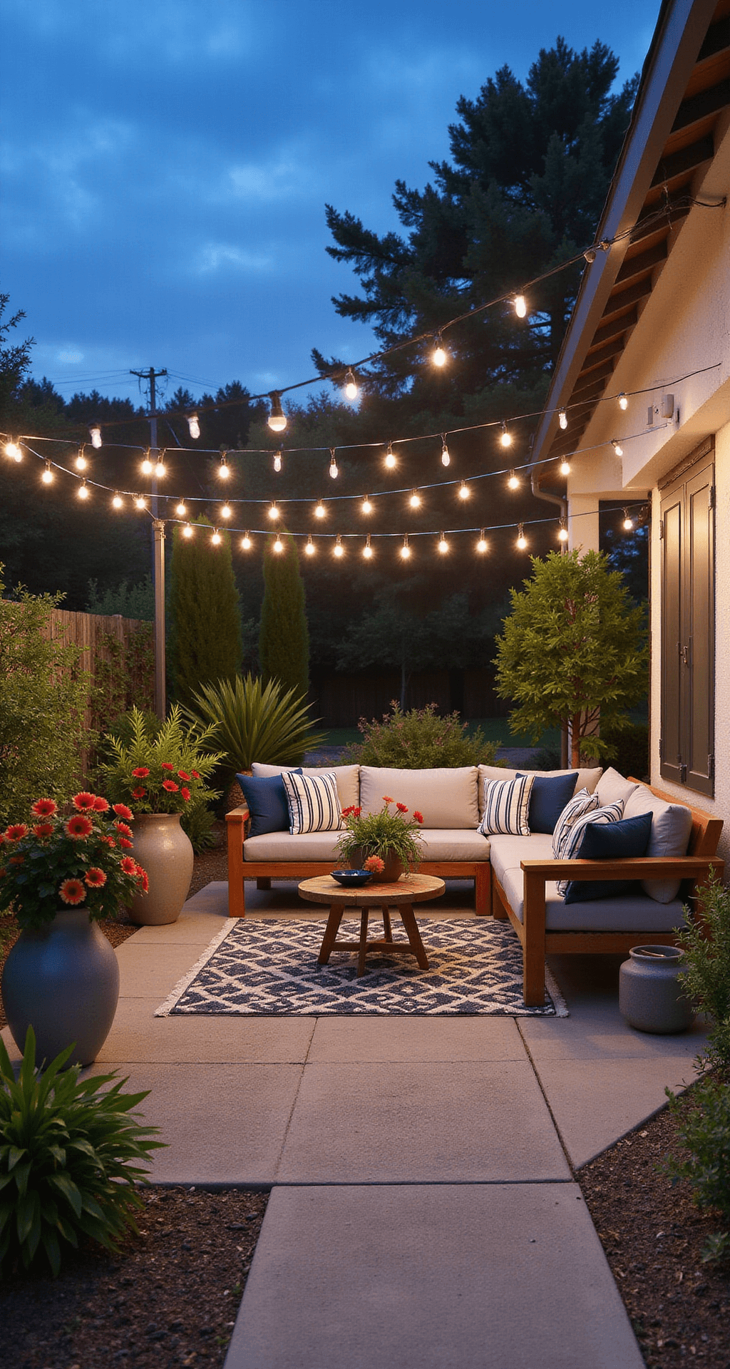 A modern patio at twilight featuring sleek teak furniture with navy and white striped cushions, string lights overhead, and vibrant plants in large ceramic planters, all set on a textured concrete floor with geometric patterned rugs, creating a resort-style ambiance.