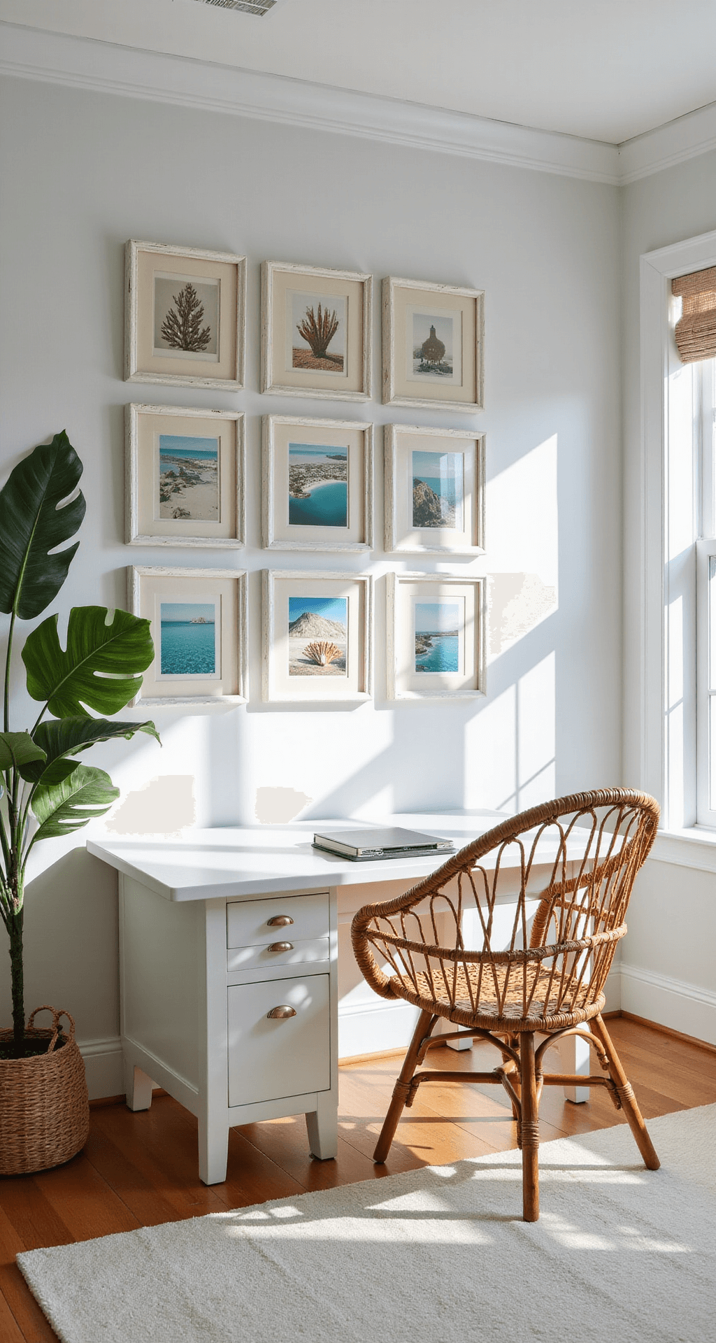 Bright home office featuring a white desk and rattan peacock chair, adorned with a gallery wall of vintage beach photographs in whitewashed frames. Floating shelves display coral and coastal curiosities, complemented by a banana leaf plant in a woven basket. The wide-angle shot captures the room's inspired coastal ambiance, flooded with natural midday sunlight.