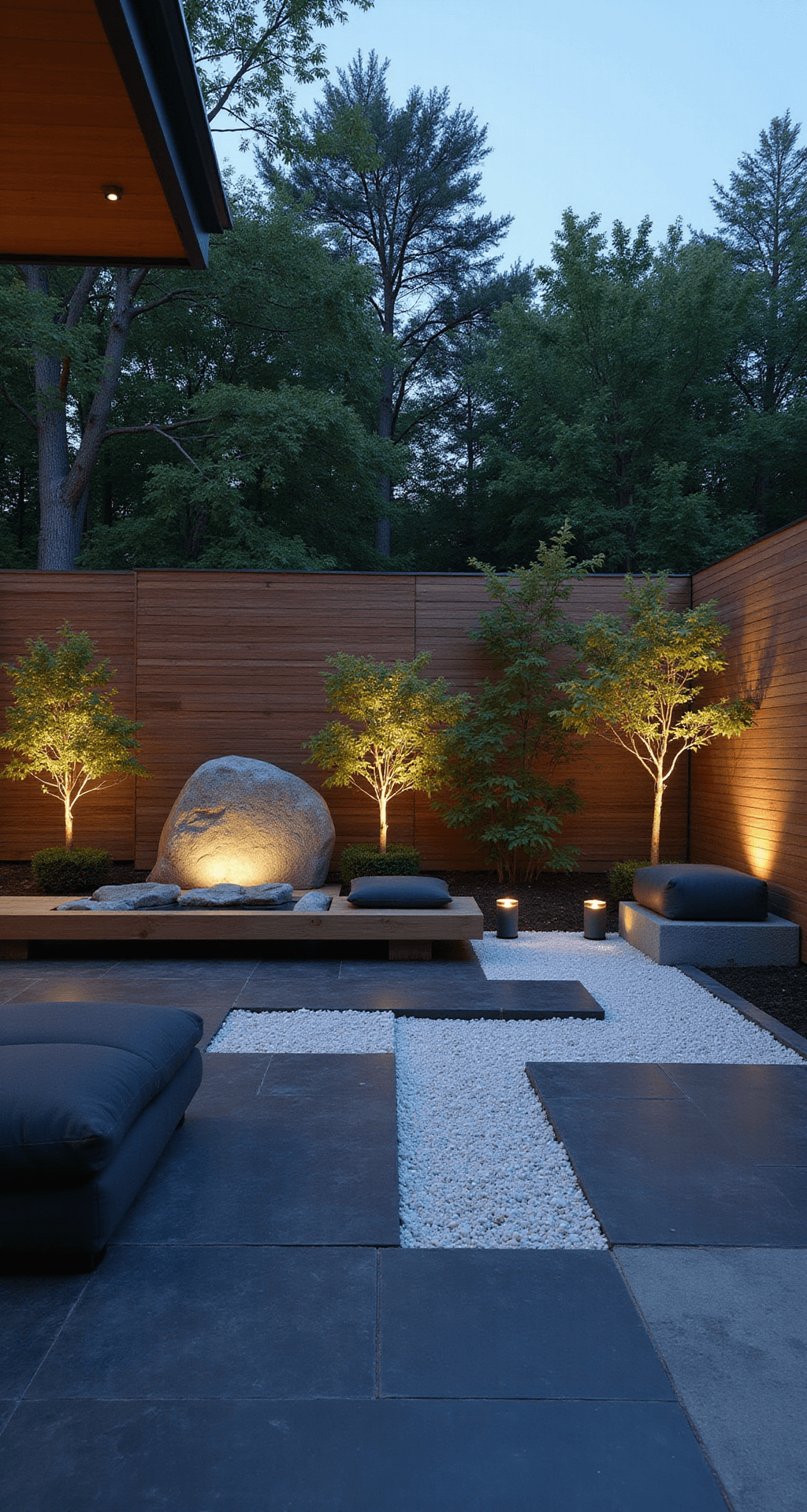 A minimalist Zen garden patio featuring black limestone flooring, white gravel sections, low-profile teak seating with charcoal cushions, and an illuminated boulder water feature, accented by uplit Japanese maple trees, captured during the blue hour from a corner angle.