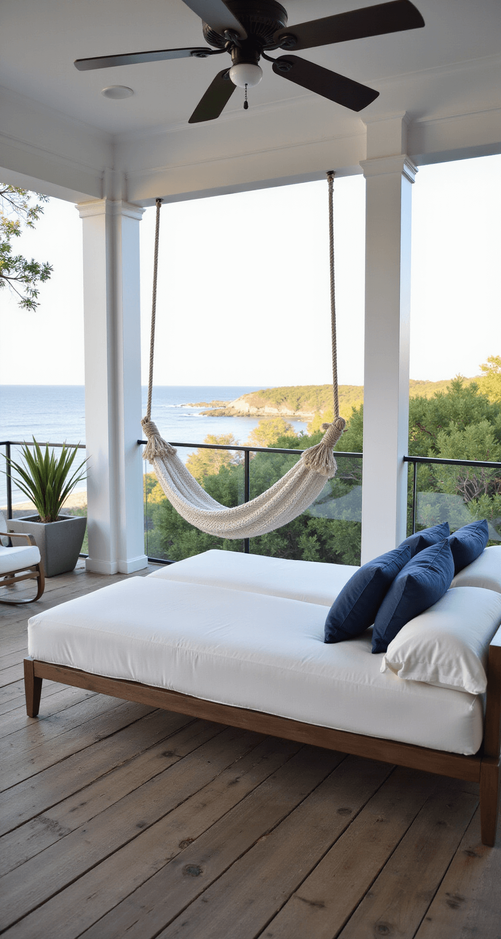A luxurious oceanfront patio featuring weathered IPE decking, glass railings, a large white canvas daybed with navy pillows, and a rope hammock. Marine-grade stainless furniture complements the coastal blues and sandy neutrals, all captured in the late afternoon light.