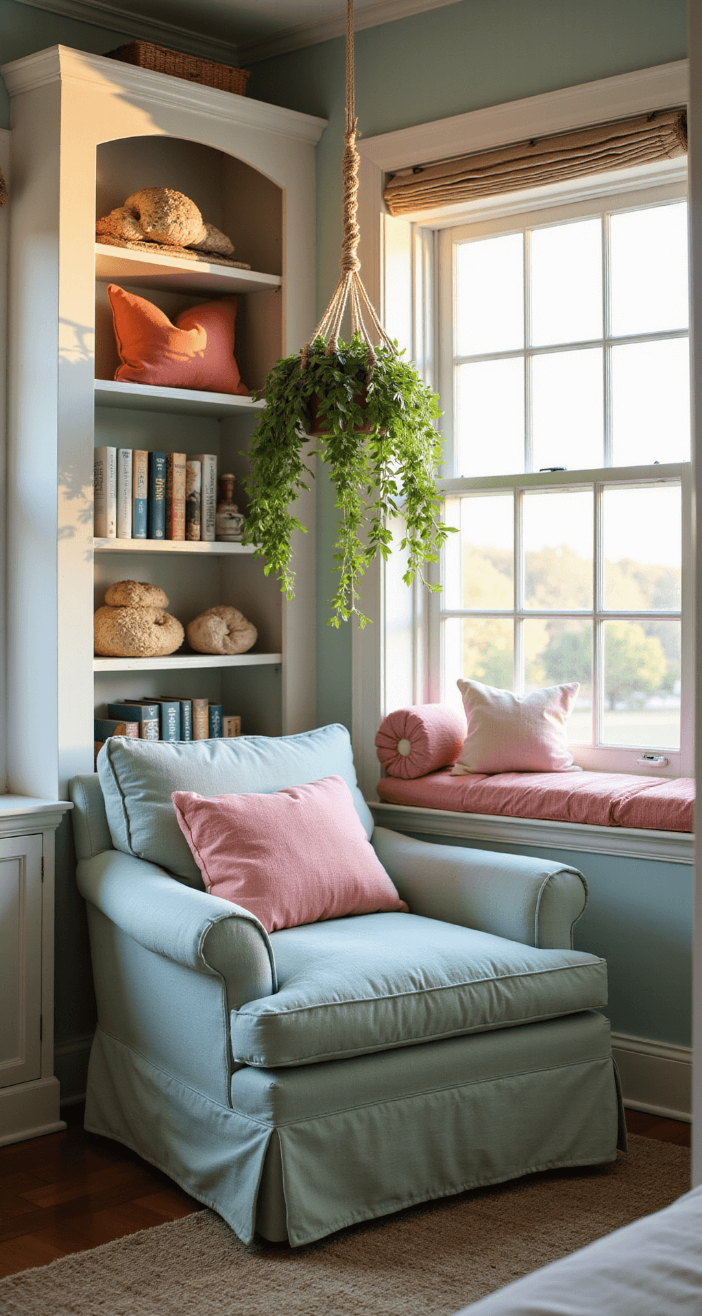 Cozy reading nook featuring a seafoam green oversized linen armchair beneath a window seat filled with pink and coral pillows, a distressed white bookshelf with beach reads and shells, and a macramé plant hanger with trailing pothos, bathed in warm golden hour light.