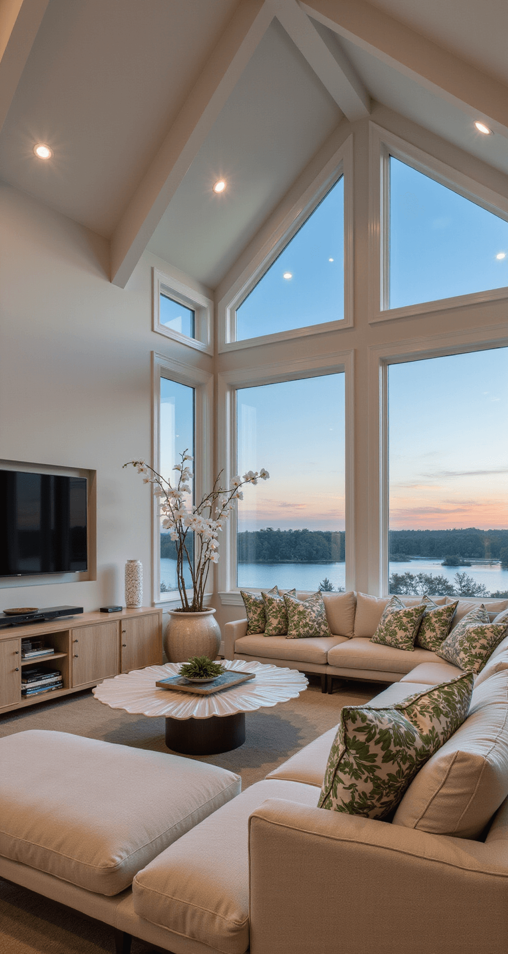 Expansive great room at dusk with cathedral ceiling, sectional sofa adorned with tropical print pillows, bleached oak entertainment unit, and a giant clam shell filled with orchids, featuring floor-to-ceiling windows overlooking water, illuminated by sunset and ambient lighting, shot from mezzanine level.