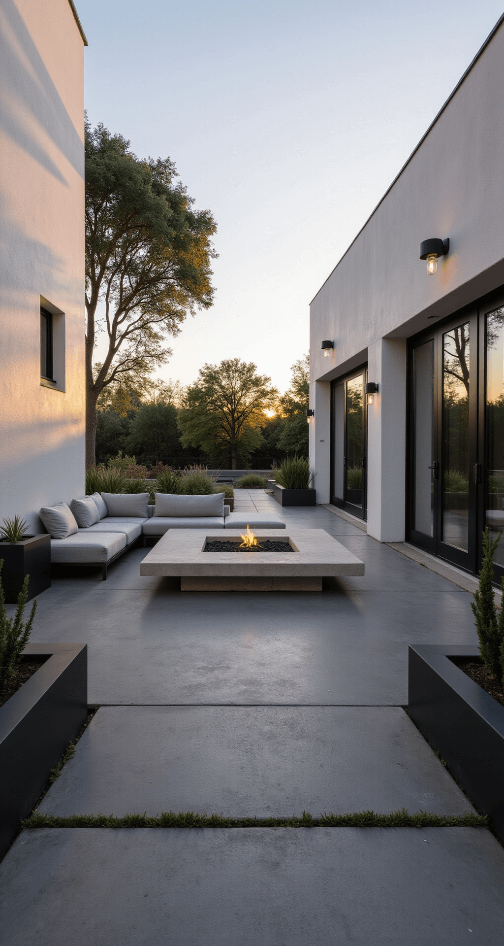 A modern minimalist patio at golden hour featuring charcoal concrete flooring, white stucco walls, and a light gray L-shaped sectional around a floating concrete fire pit, with architectural succulents in matte black planters and brushed steel accent tables, creating a warm and dramatic atmosphere.