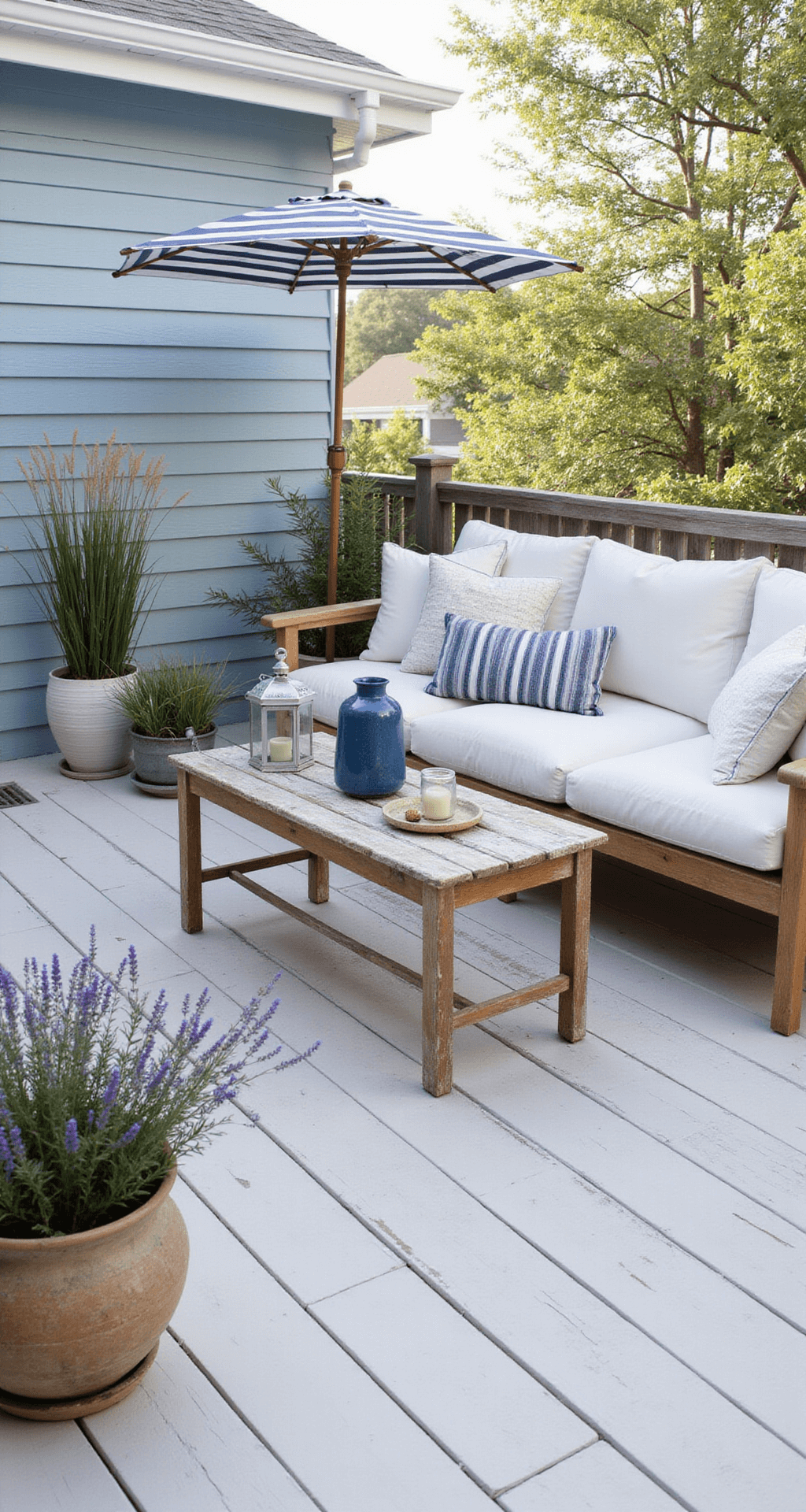 Intimate coastal patio featuring whitewashed wood decking and pale blue siding, adorned with a weathered teak conversation set and distressed blue ceramic coffee table, accented by vintage lanterns, potted coastal grasses, and a striped navy and white umbrella, all captured in soft mid-morning light.