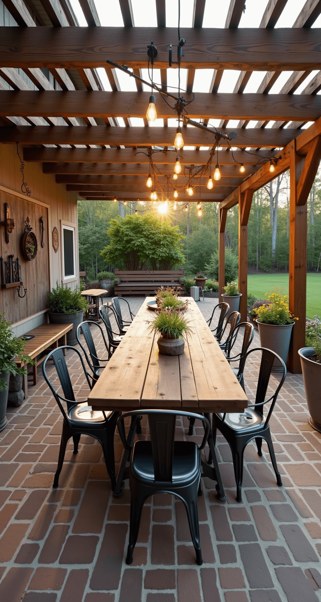 Rustic farmhouse patio with reclaimed brick flooring and cedar pergola, featuring an industrial dining table, mismatched metal chairs, Edison bulb string lights, and overflowing galvanized planters, accented by earth tones and sage green.