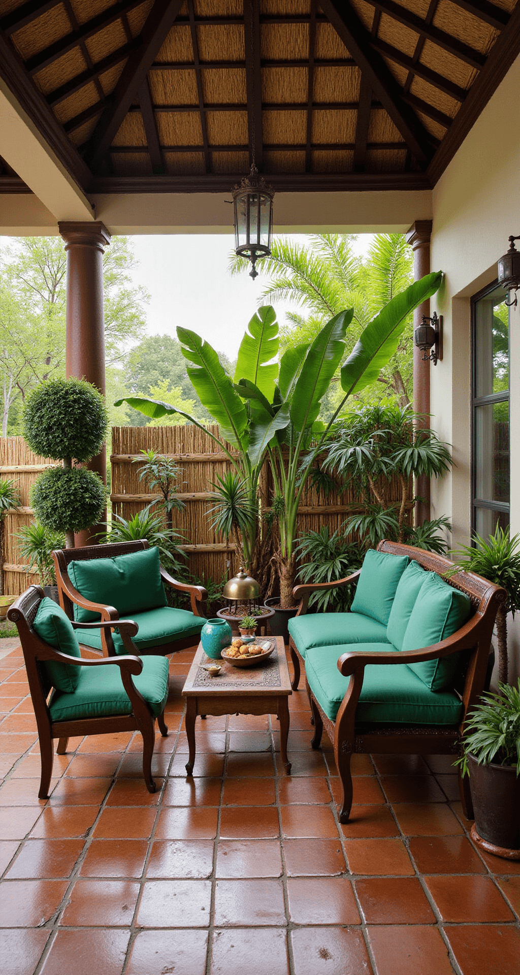 A vibrant tropical patio featuring intricate terra cotta tiles, exotic hardwood furniture with emerald cushions, potted palms, and birds of paradise, enhanced by bamboo privacy screens, turquoise ceramic accents, and copper lanterns, all under a thatched roof, captured with a polarizing filter to control sunlight.