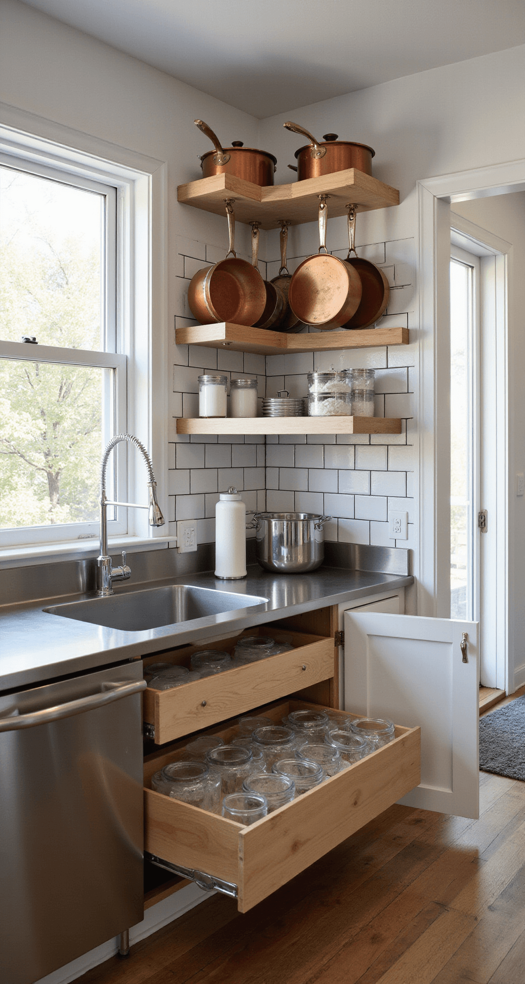 Overhead view of a compact kitchen illuminated by morning light, featuring stainless steel countertops, nested copper cookware on a wall rack, a pull-out pantry with clear containers, bamboo drawer organizers, and white subway tiles with dark grout.