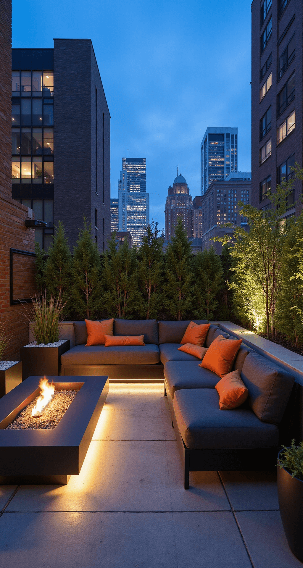 Contemporary urban patio at blue hour featuring polished concrete flooring, black metal privacy panels, low-profile charcoal seating with orange pillows, built-in LED uplighting on plants, glass wind barriers, and a fire feature, with a city skyline visible and city lights in the background.